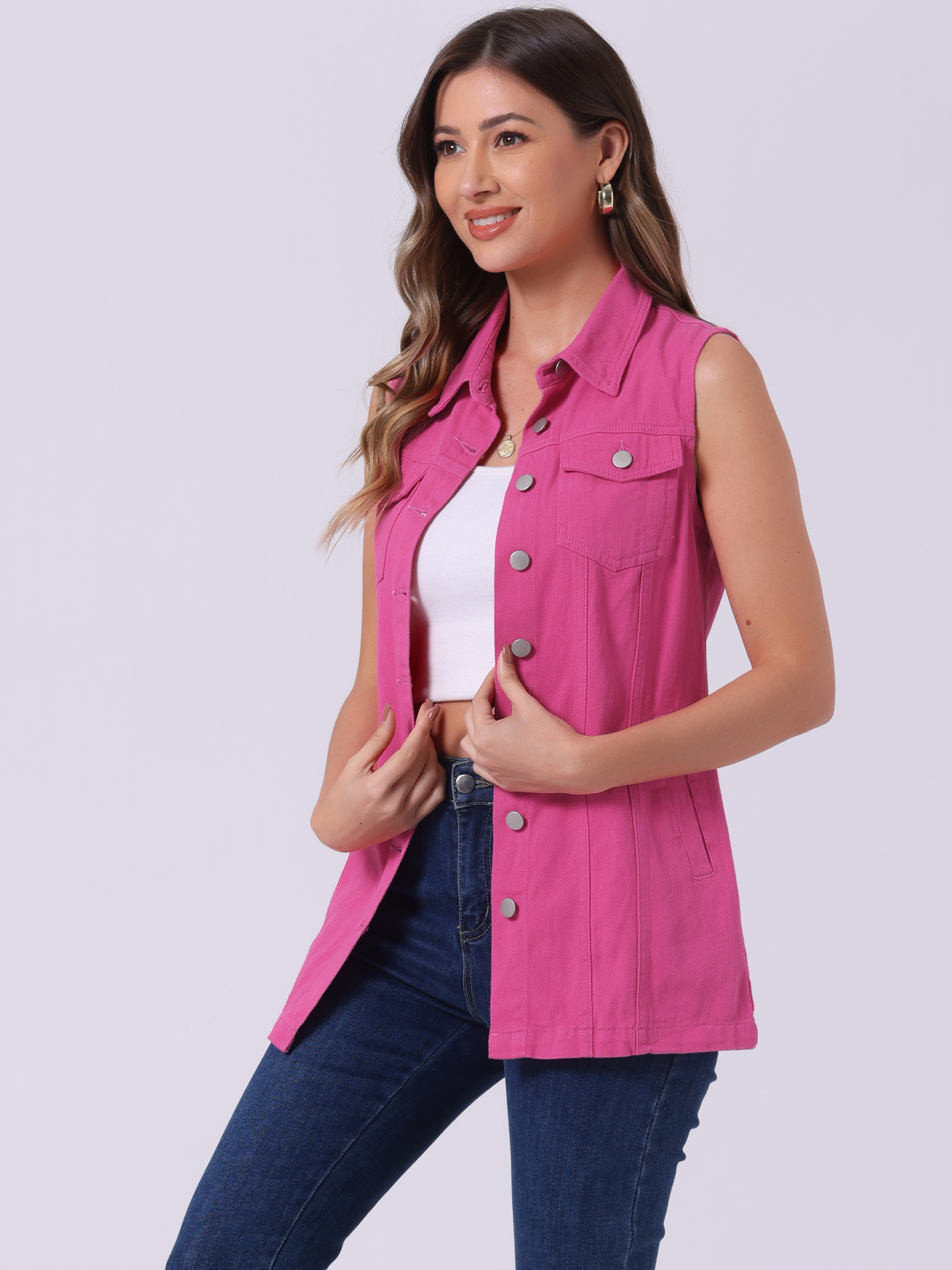 Casual Button Down Waistcoat Sleeveless Mid Long Denim Vest Hot Pink/XS