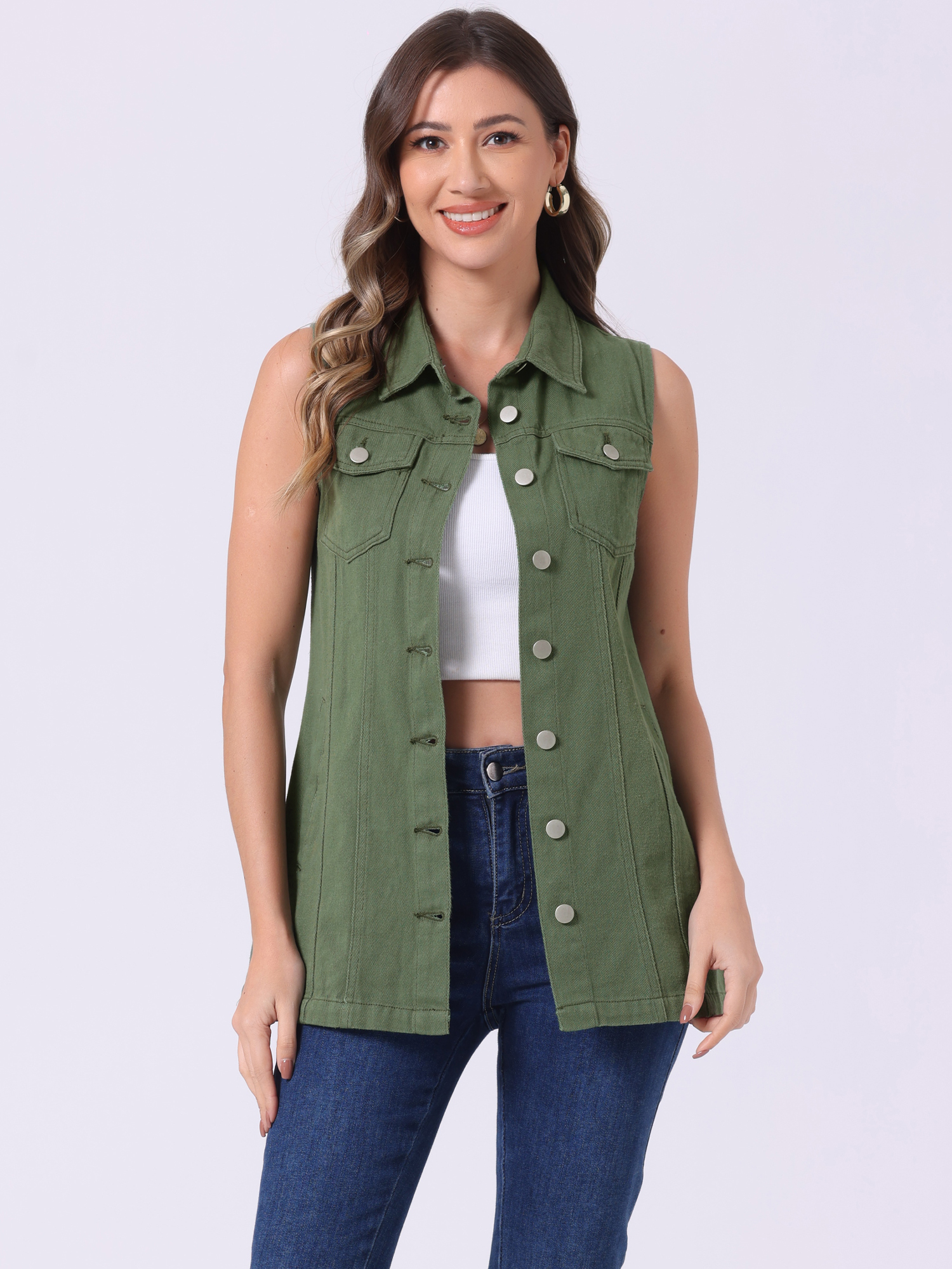 Casual Button Down Waistcoat Sleeveless Mid Long Denim Vest Army Green/XS