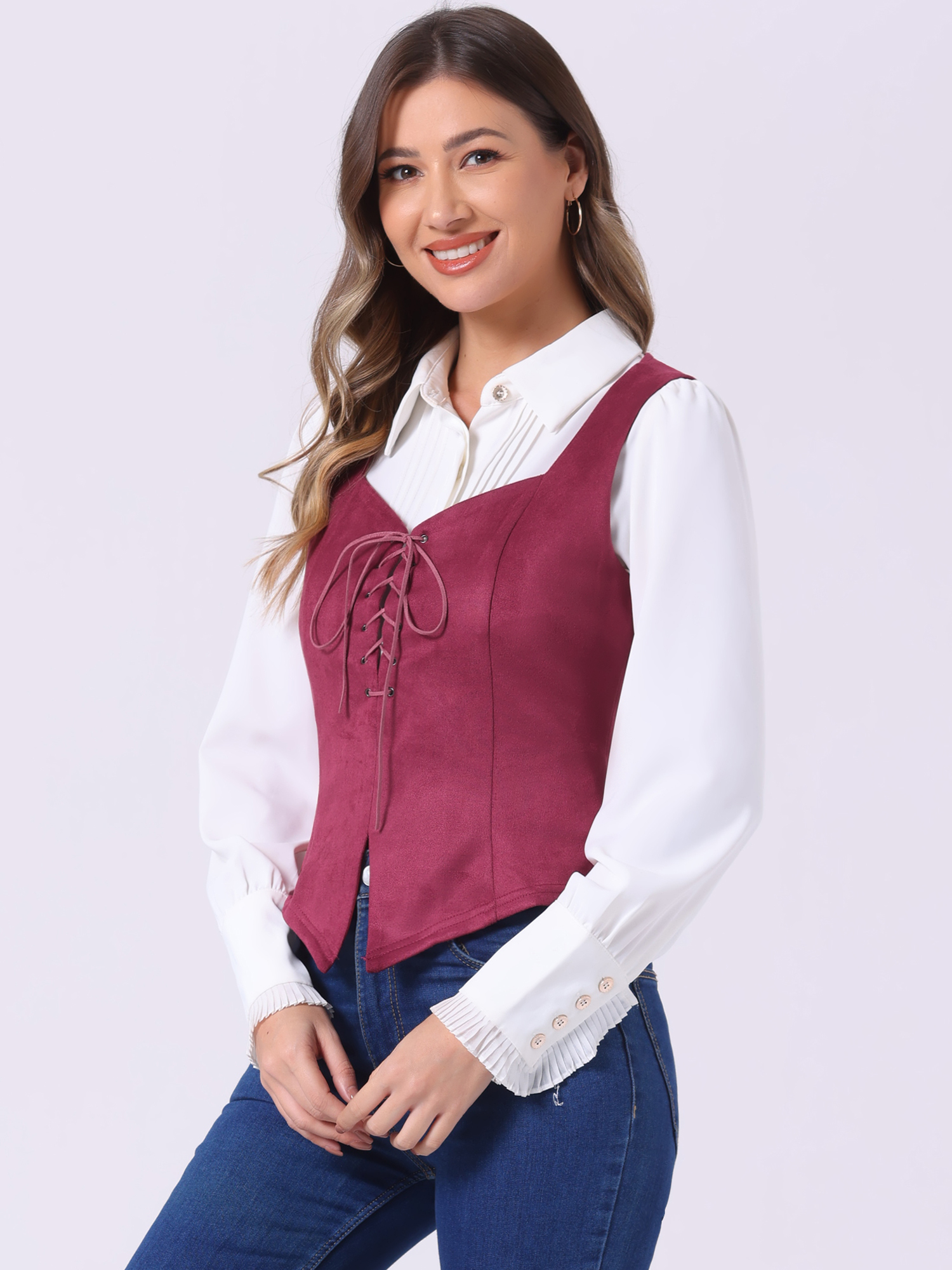 Faux Suede Sweetheart Neck Sleeveless Lace Up Waistcoat Jacket Vest Wine Red/XS
