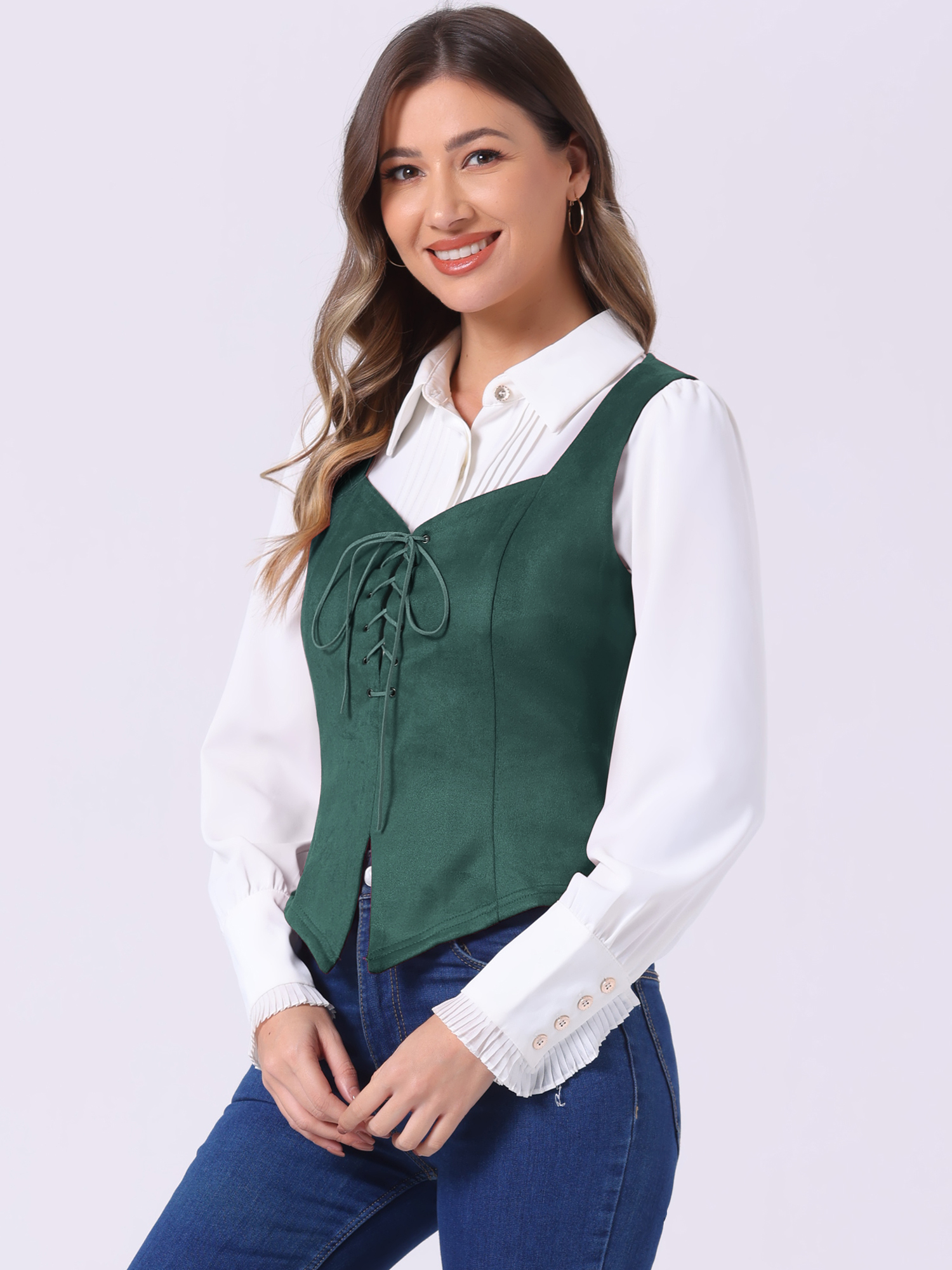 Faux Suede Sweetheart Neck Sleeveless Lace Up Waistcoat Jacket Vest Dark Green/S