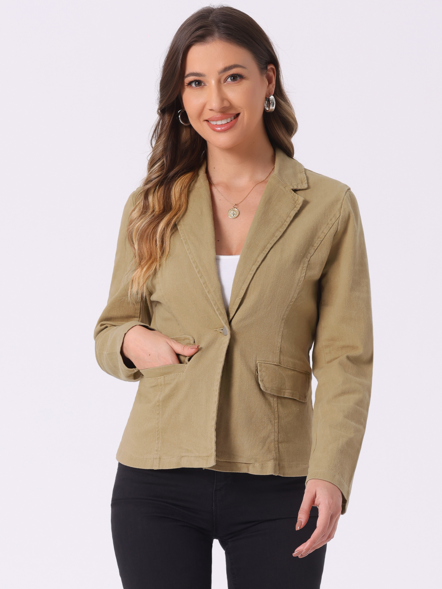 Notched Lapel One Button Long Sleeve Business Washed Denim Blazer Khaki/XL