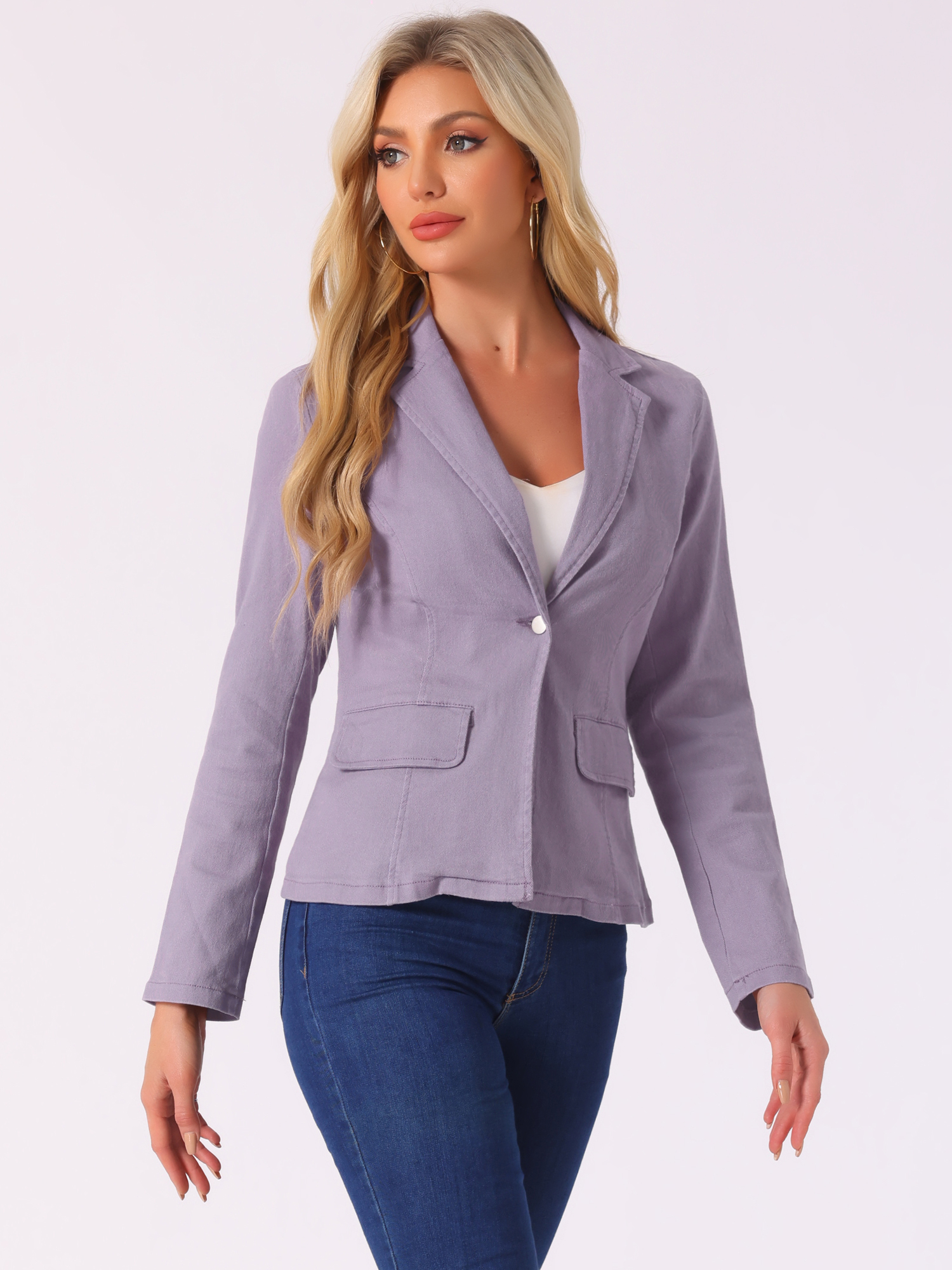 Notched Lapel One Button Long Sleeve Business Washed Denim Blazer Light Purple/XL
