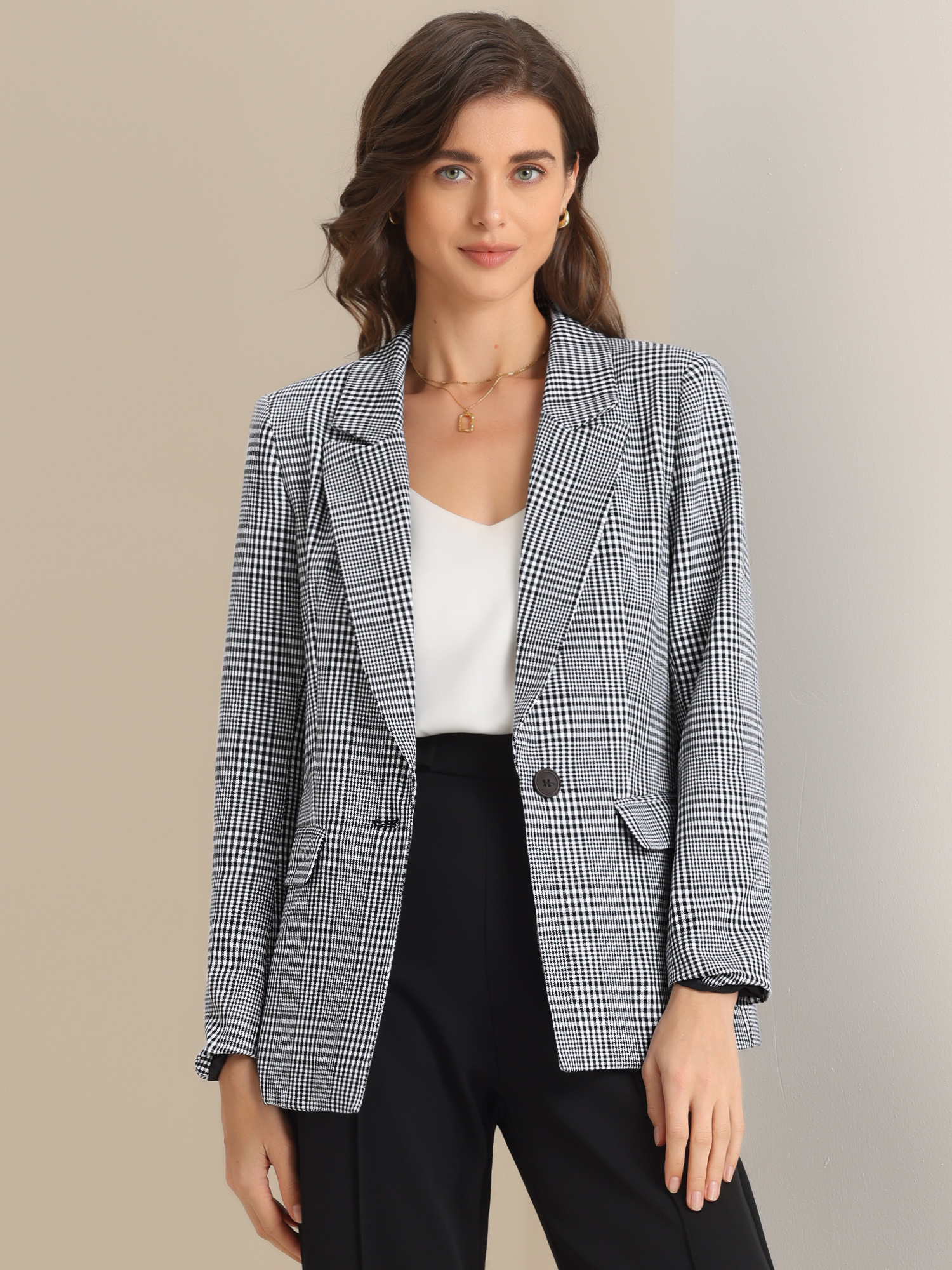 Plaid Notched Lapel One Button Houndstooth Blazer Jacket Black White 2/XS