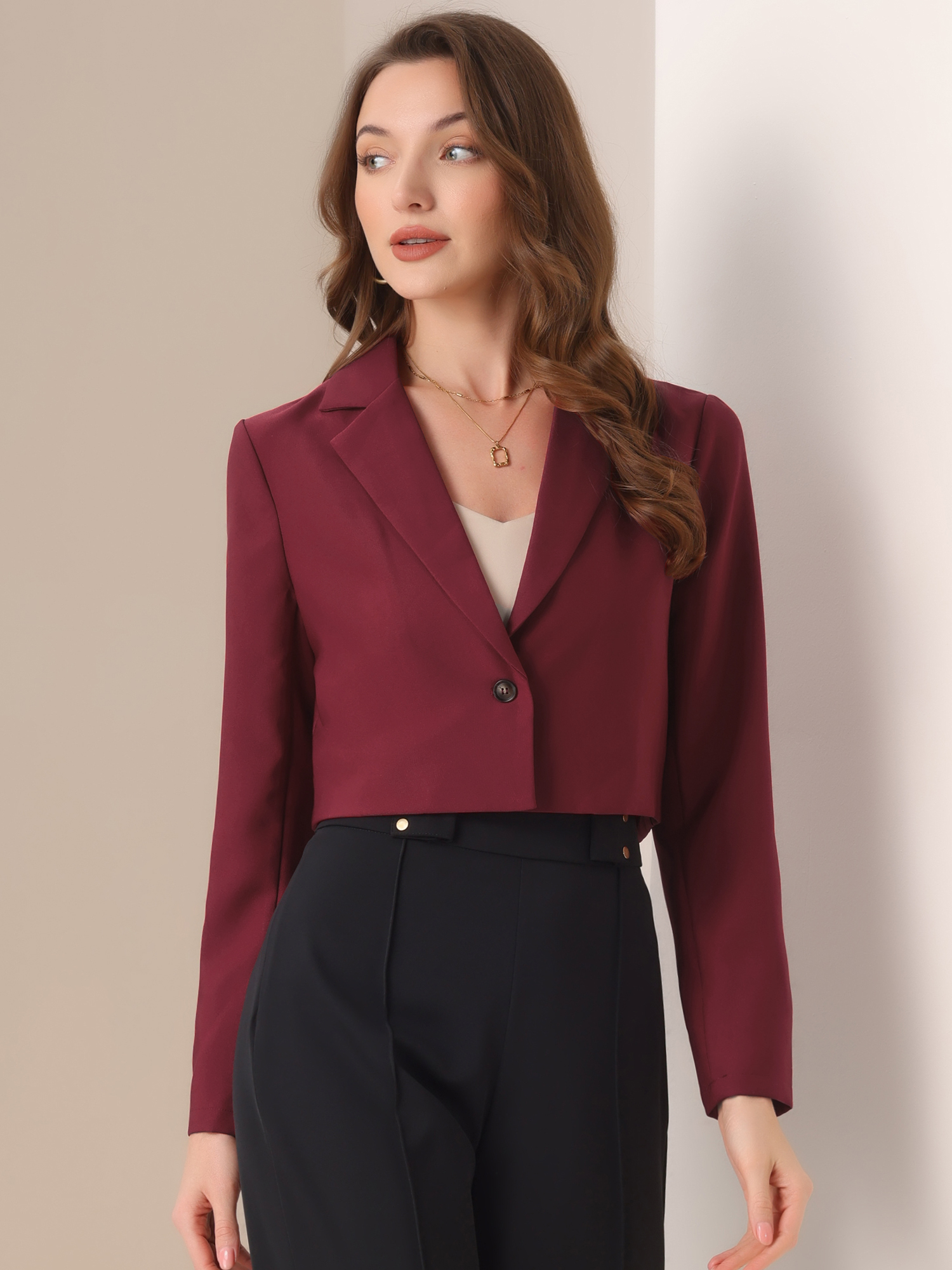 Long Sleeve Open Front Notched Lapel Business Cropped Blazer Dark Red/M