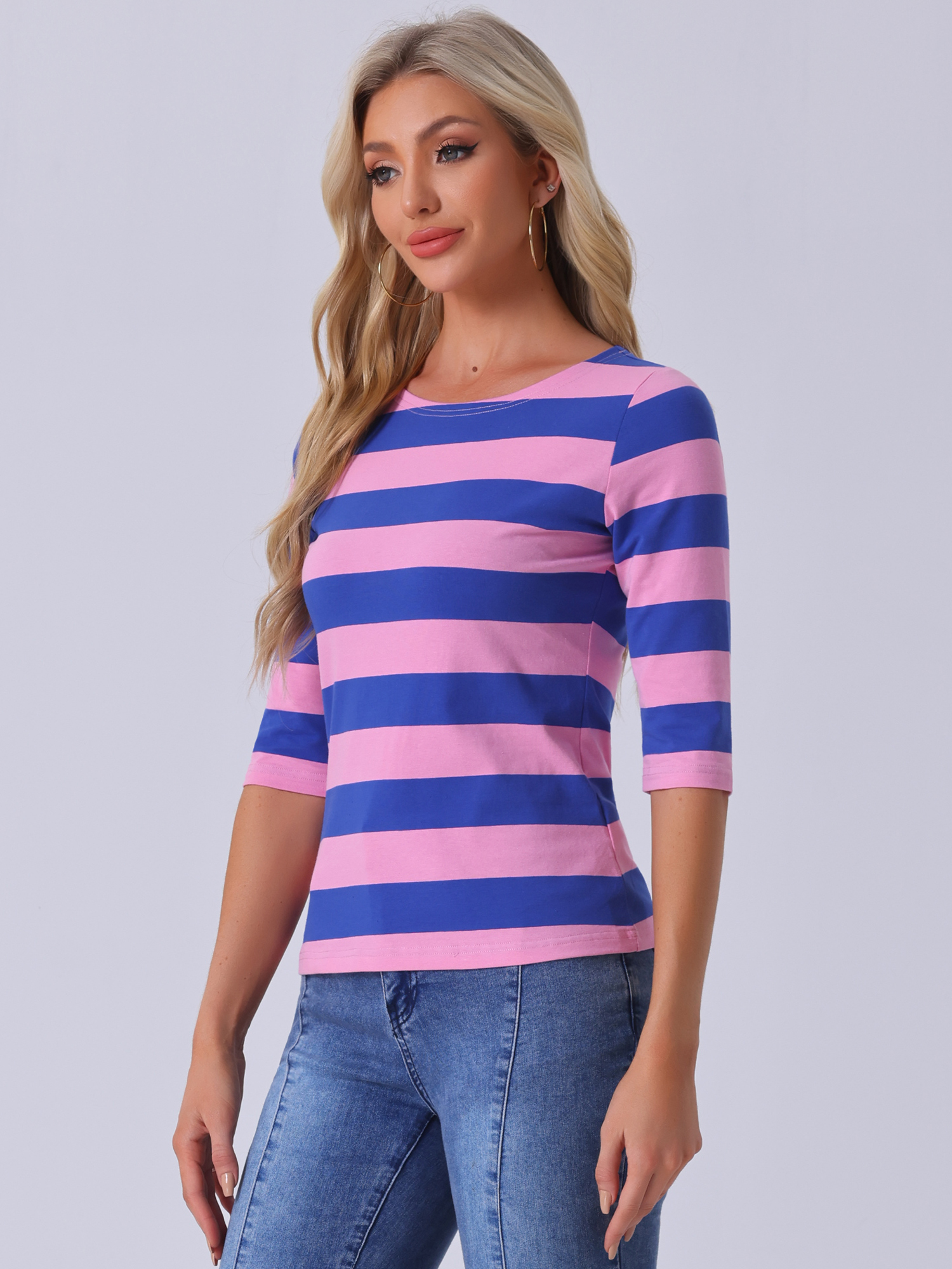 Striped 3/4 Sleeve Casual Basic Boat Neck T-shirt Pink Blue/L