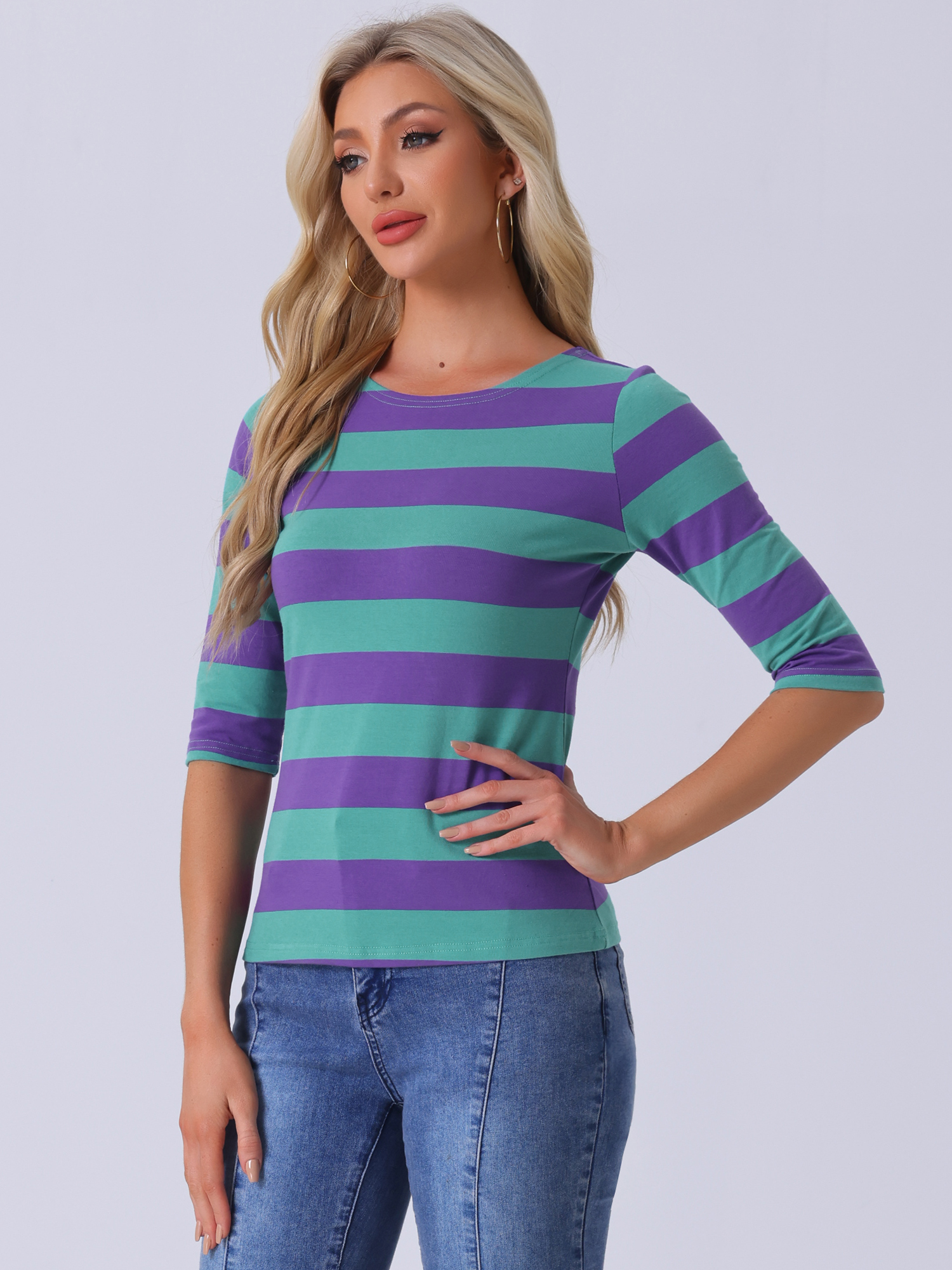 Striped 3/4 Sleeve Casual Basic Boat Neck T-shirt Purple Green/XL