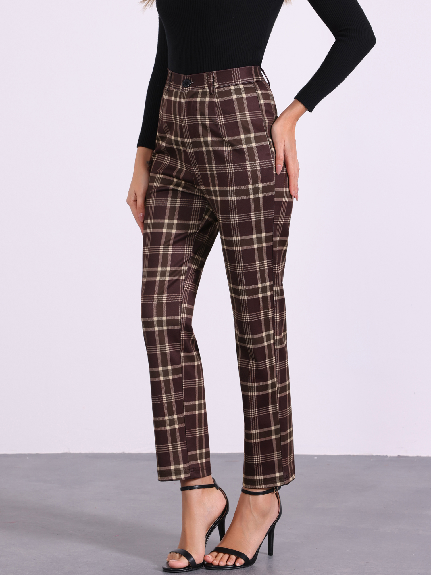 Plaid Cropped Trousers Button Casual Tartan Check Work Pants Red Brown/S