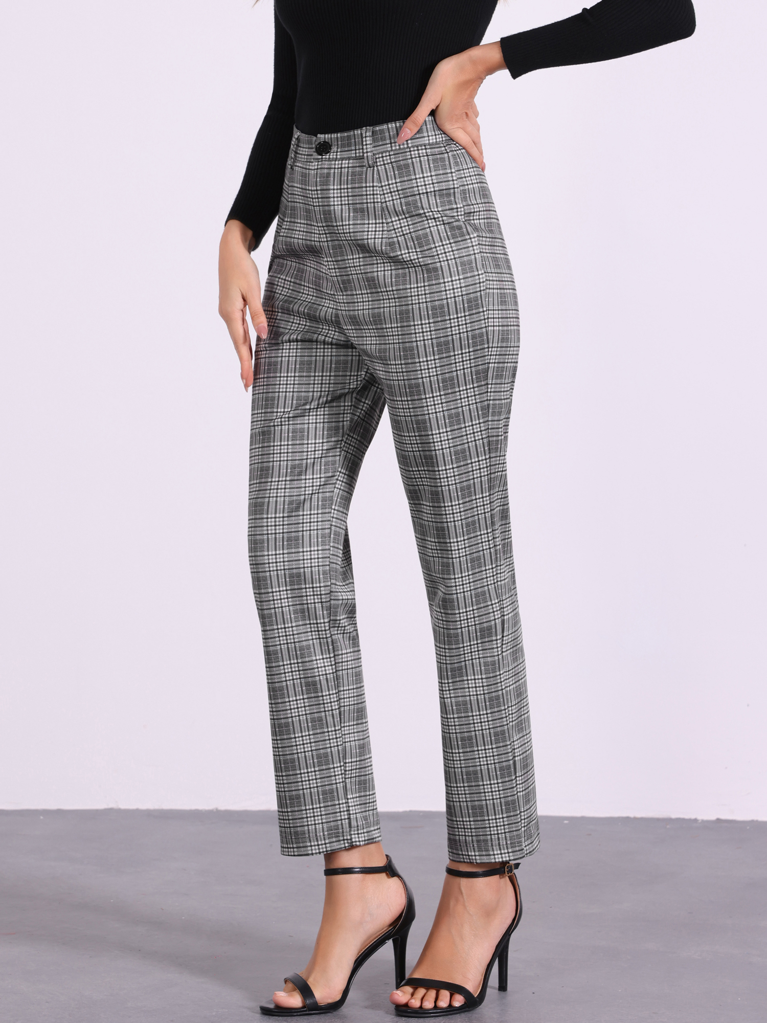 Plaid Cropped Trousers Button Casual Tartan Check Work Pants Grey Black/M