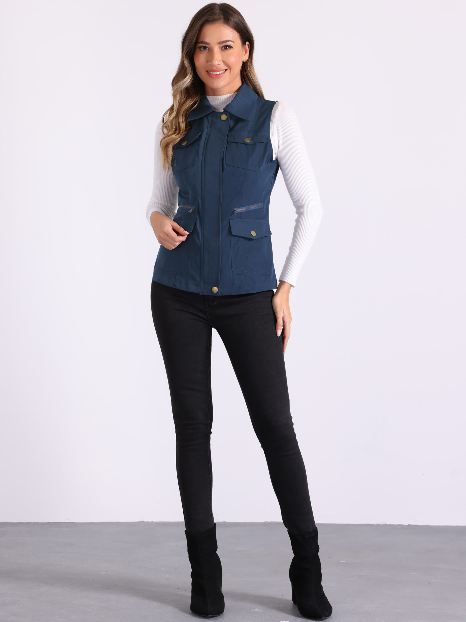 Zip Up Pockets Sleeveless Cargo Jacket Utility Vest Navy Blue/XL