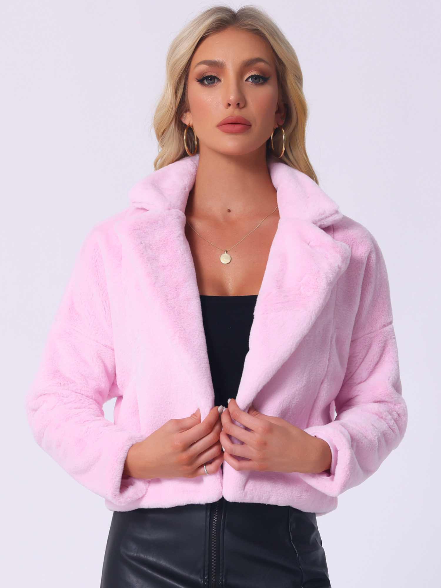 Allegra K Cropped Jacket Notch Lapel Faux Fur Fluffy Coat Light Pink/S