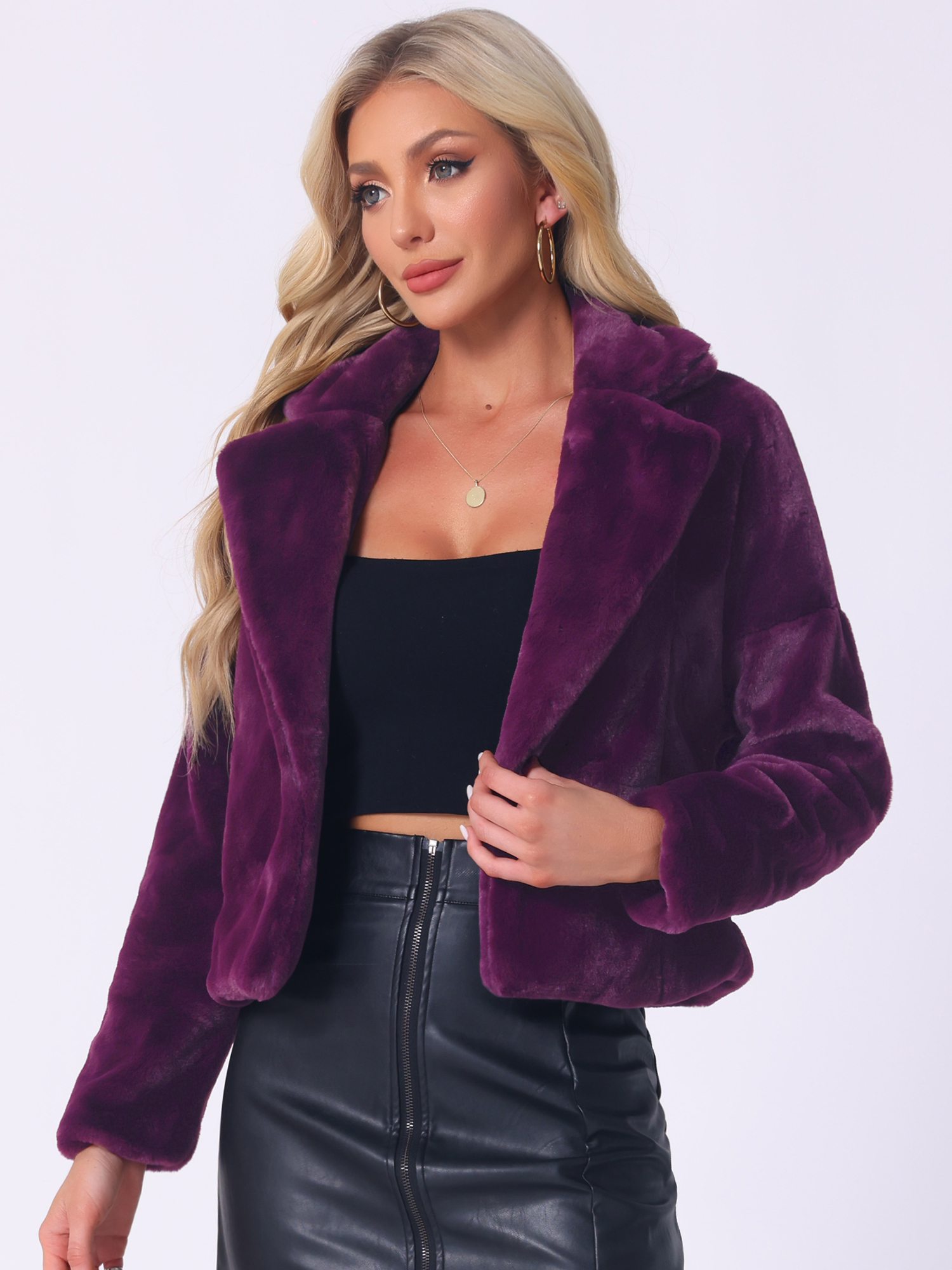 Allegra K Cropped Jacket Notch Lapel Faux Fur Fluffy Coat Grape Purple/L