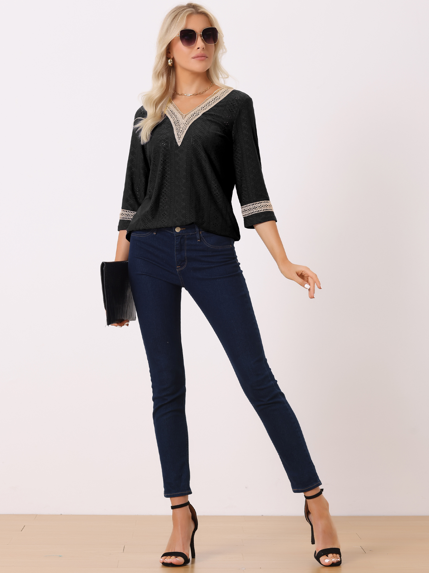 Contrast Color V Neck Loose Lace Trim Eyelet Boho Blouse Black/S