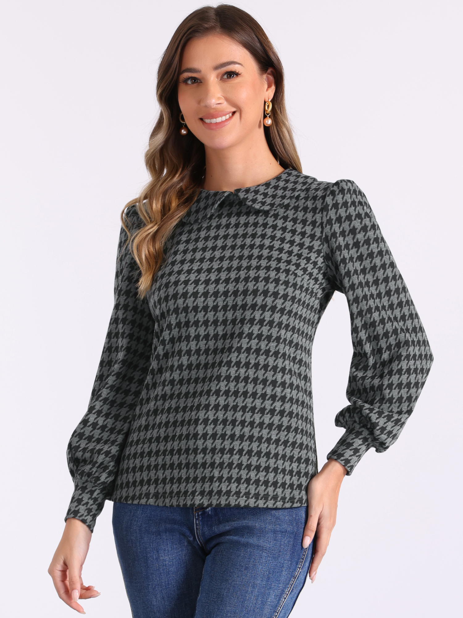 Peter Pan Collar Houndstooth Plaid Long Sleeve Button Back Blouse Grey Black/XS