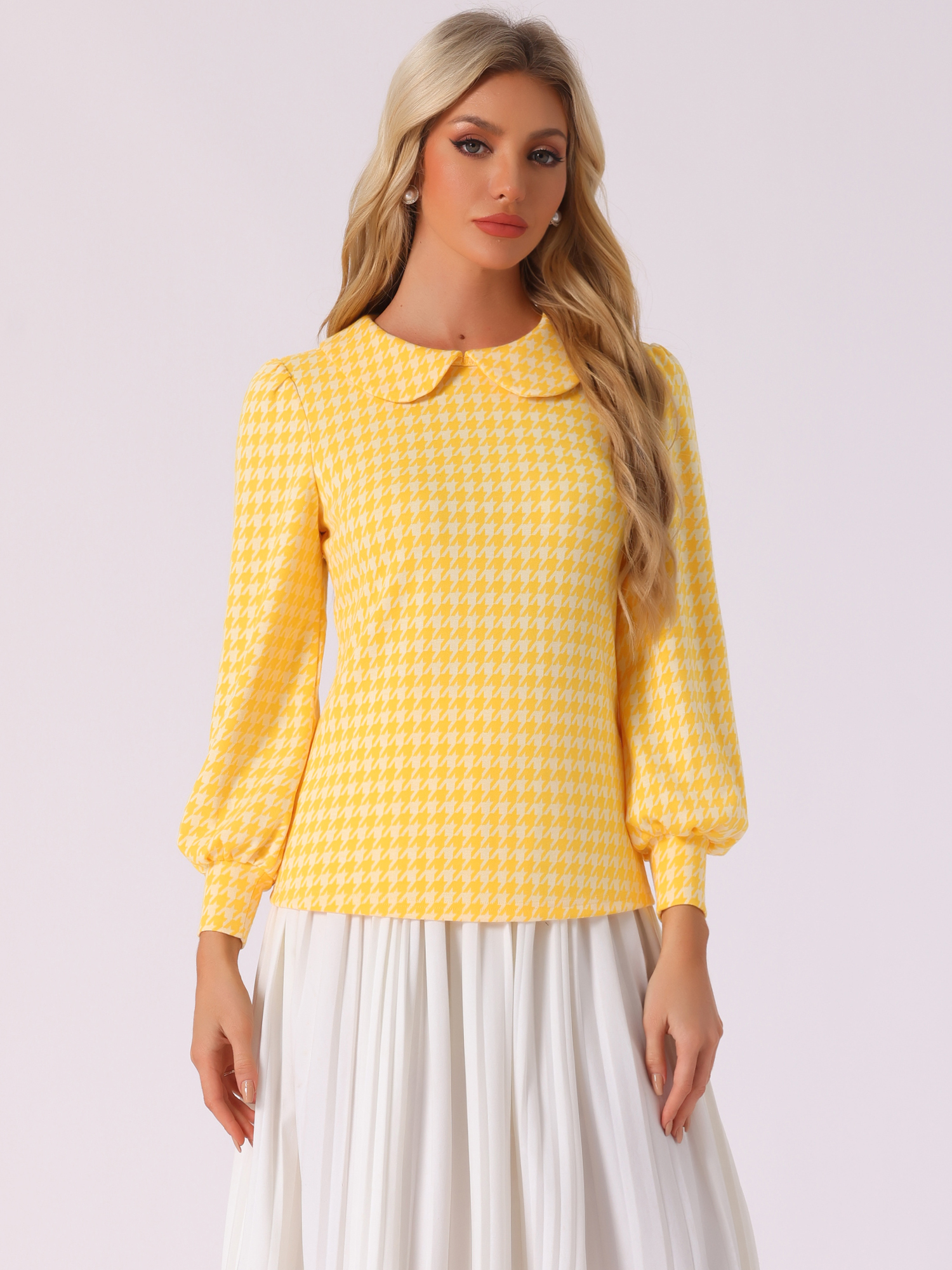 Peter Pan Collar Houndstooth Plaid Long Sleeve Button Back Blouse Yellow White/S