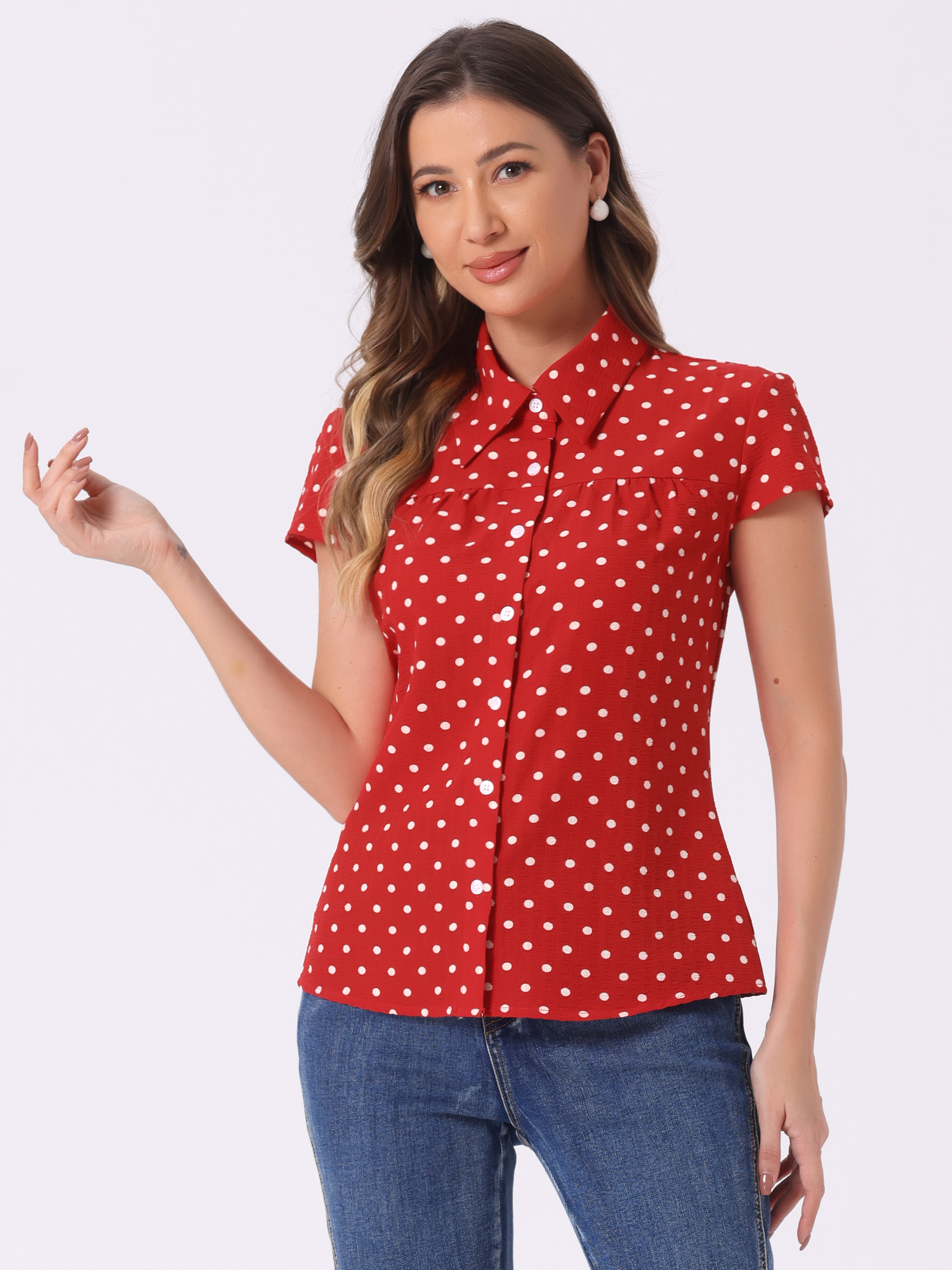 Short Sleeve Tops Vintage Polka Dots Button Up Shirt Red/S