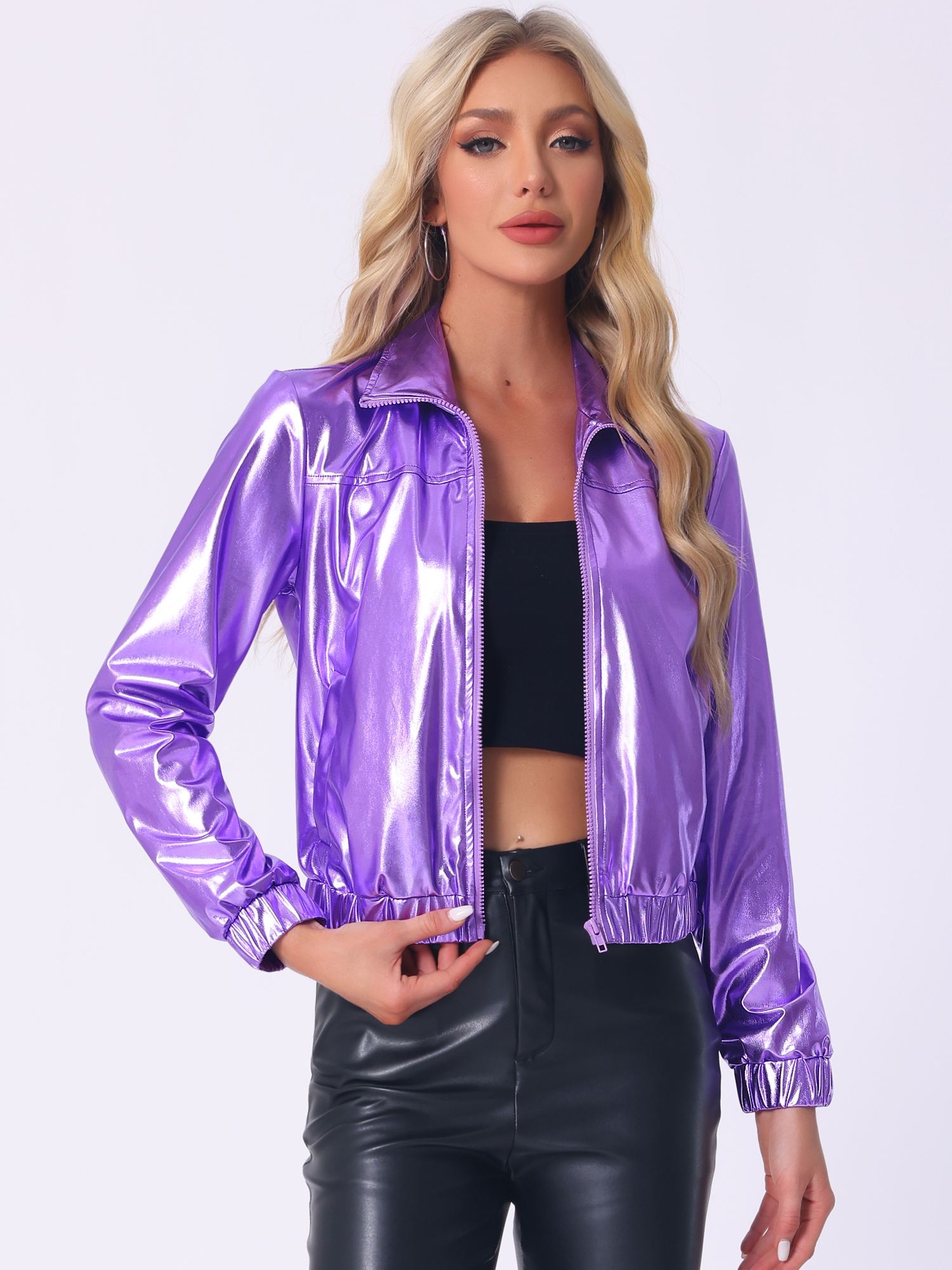 Holographic Long Sleeve Lightweight Zipper Metallic Jacket Light Purple/XL