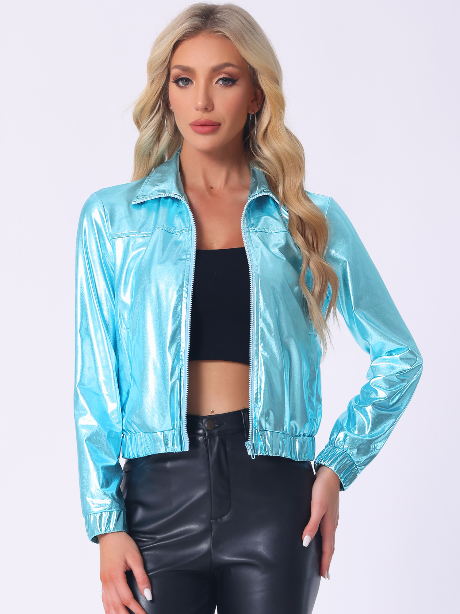 Holographic Long Sleeve Lightweight Zipper Metallic Jacket Light Aqua Blue/S