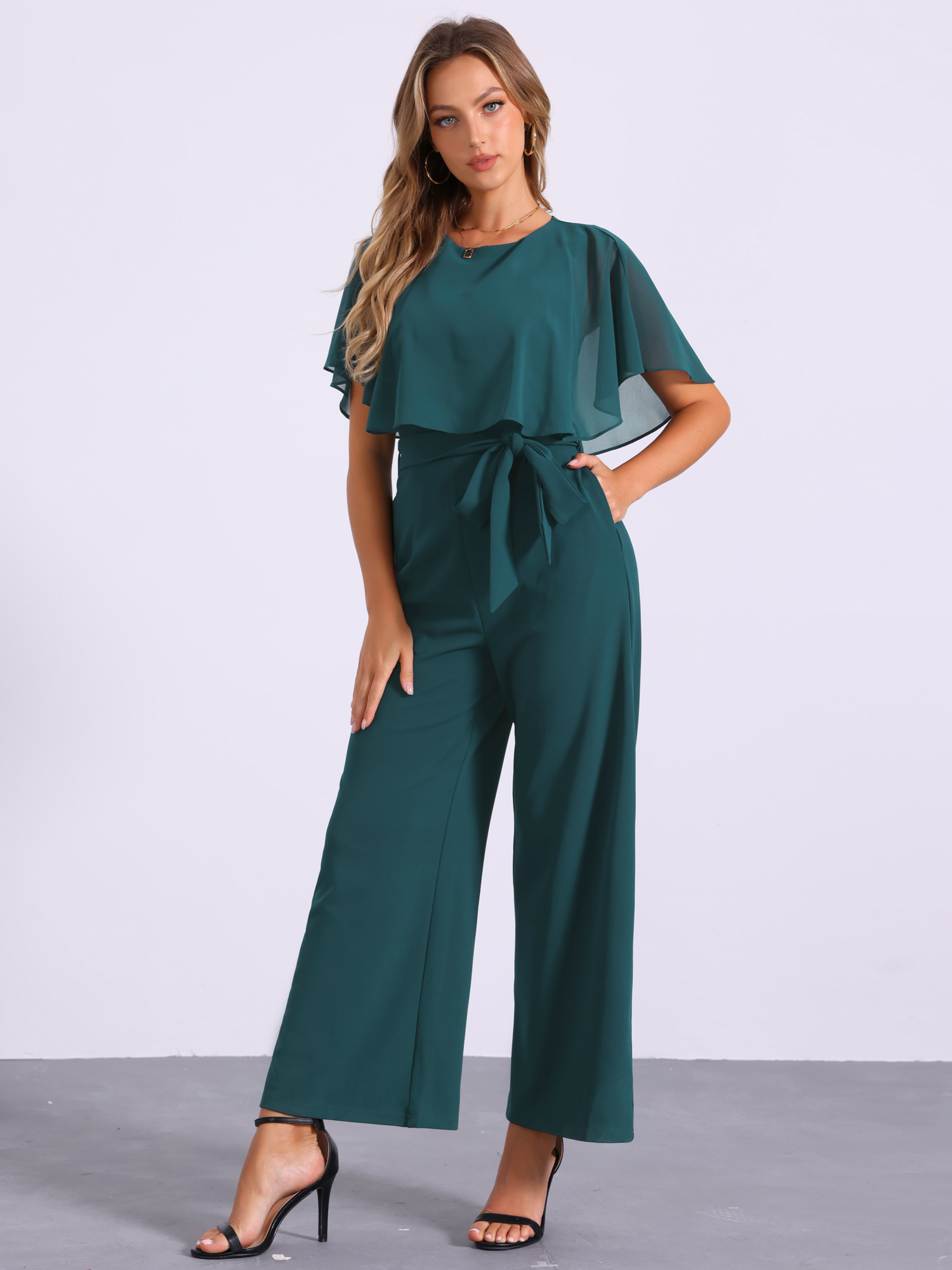 Cape Sleeve Belted Wide Leg Pants Casual Jumpsuit Dark Green/L