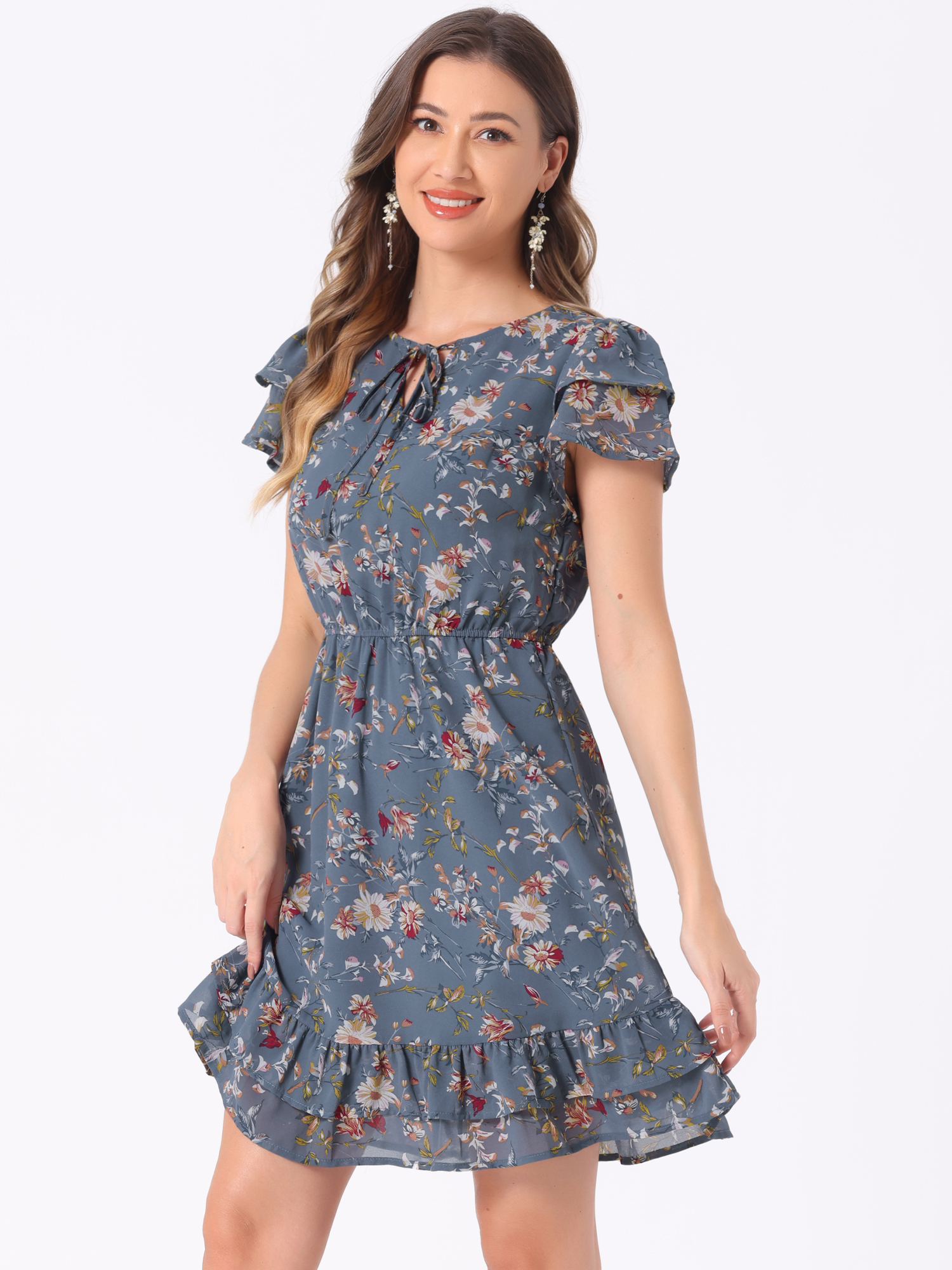 Ruffle Sleeve V Neck Above Knee A-Line Floral Chiffon Dress Dusty Blue/XL