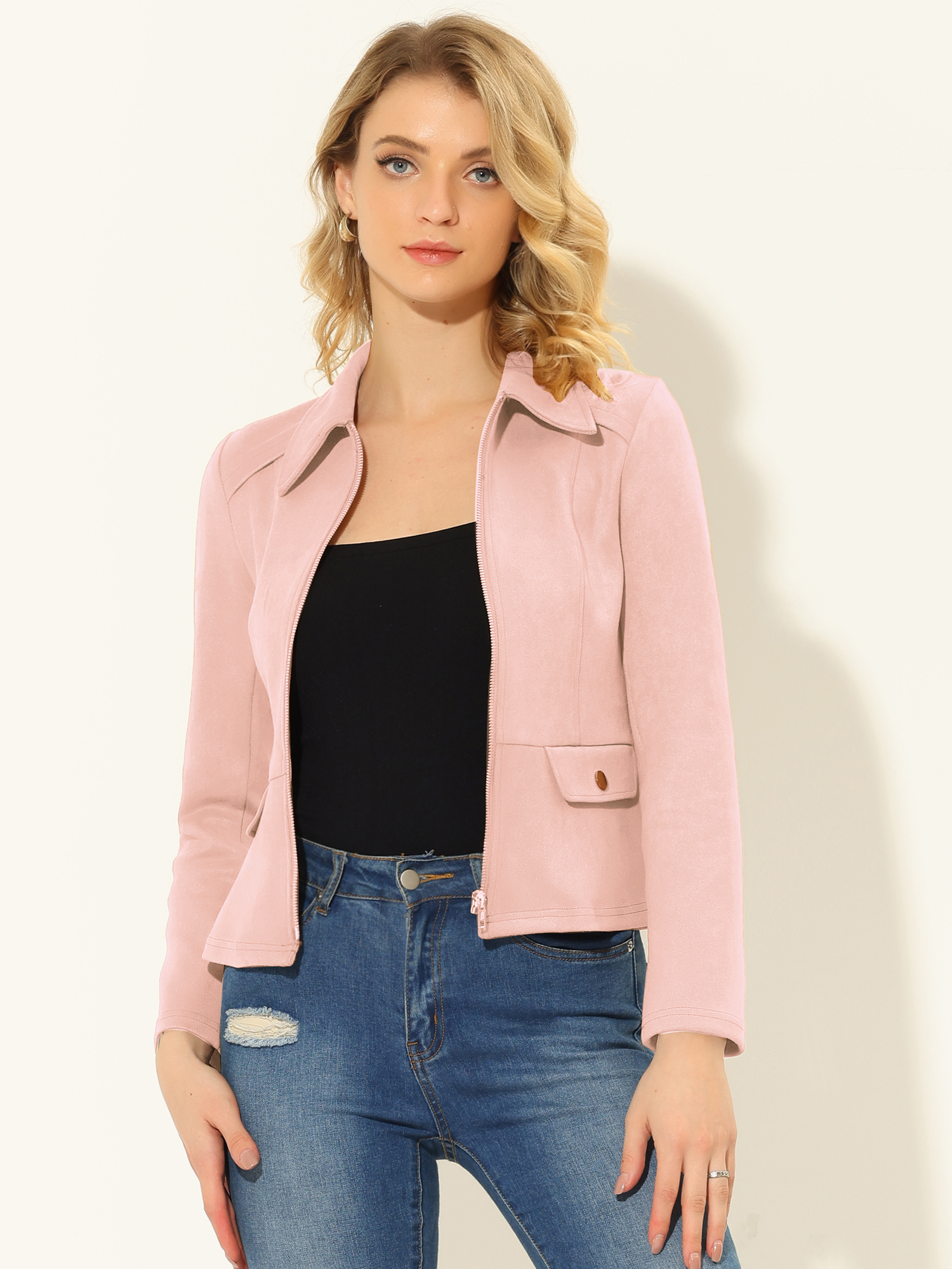 Faux Suede Jacket Short Zip Up Motorcycle Biker Coat Pink/S