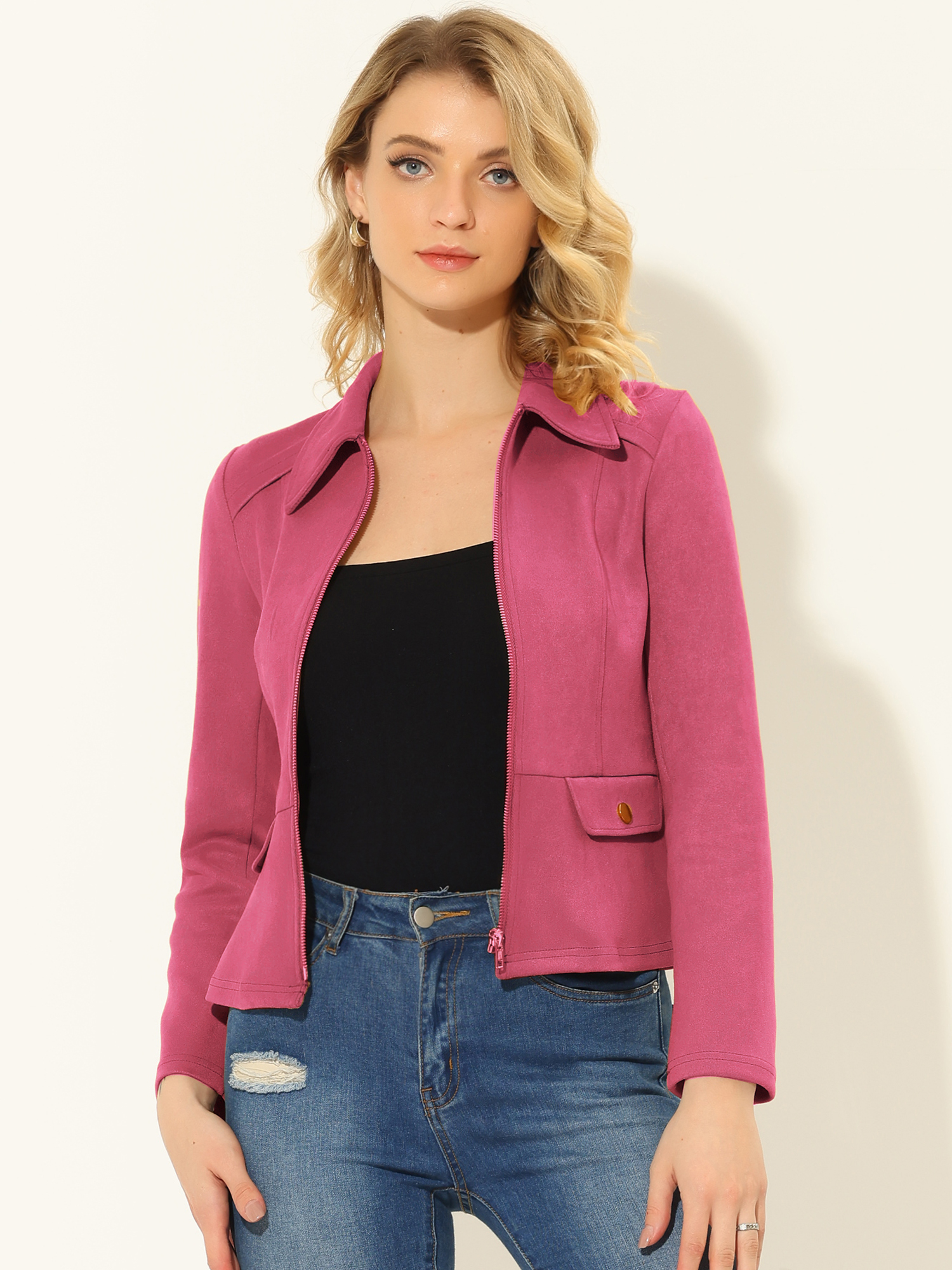 Faux Suede Jacket Short Zip Up Motorcycle Biker Coat Red/XL