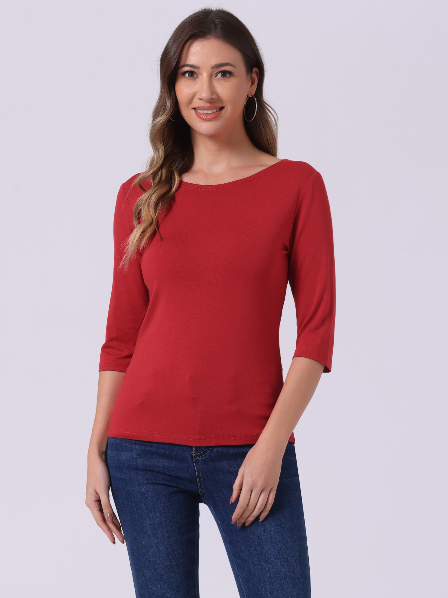Casual Boat Neck 3/4 Sleeve Solid Basic T-shirt Bright Red/S