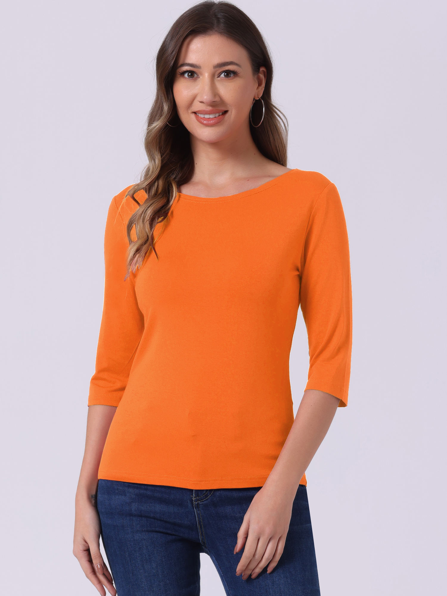 Casual Boat Neck 3/4 Sleeve Solid Basic T-shirt Orange/S