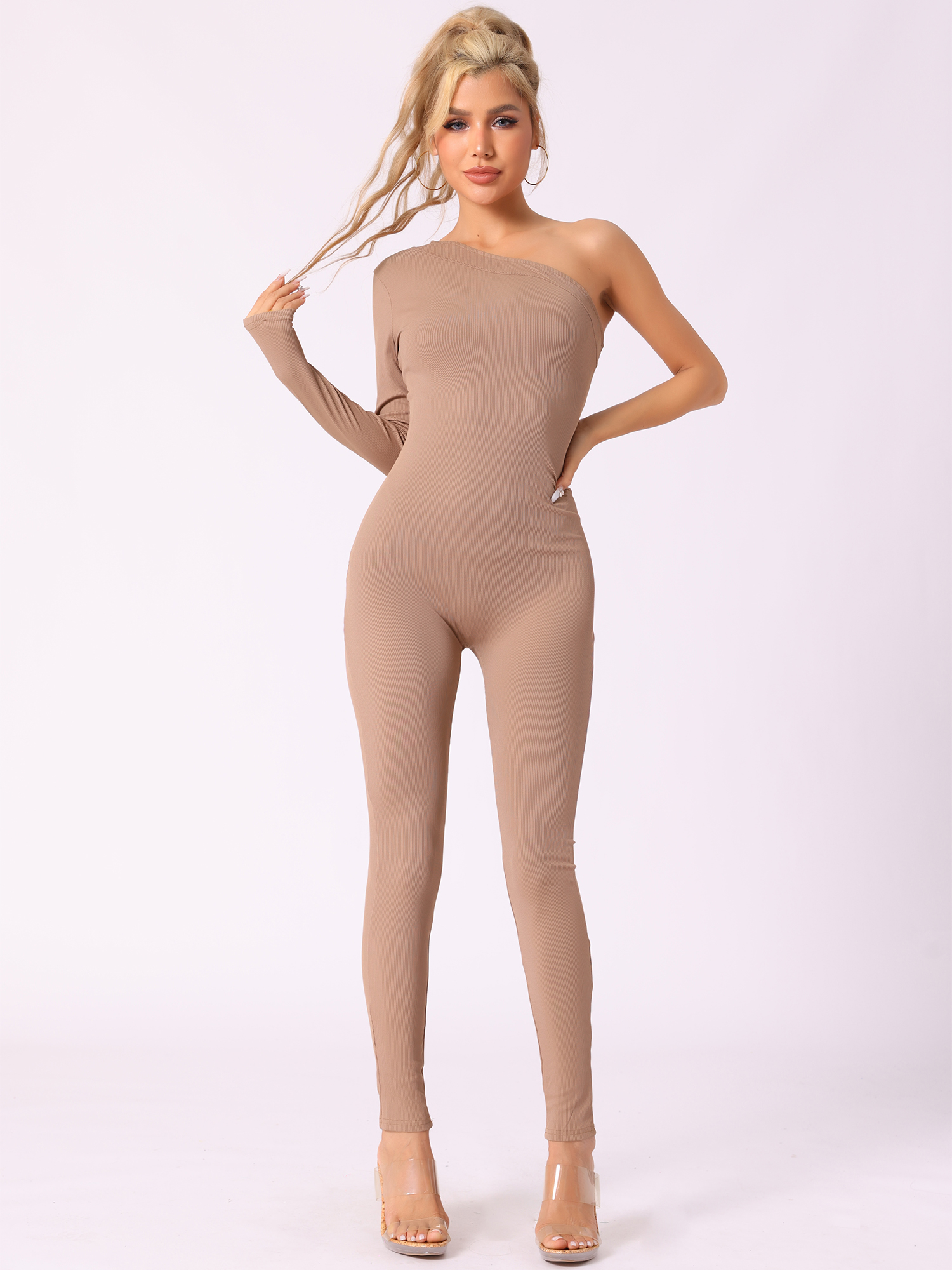 One Shoulder Long Sleeved Solid Color Unitard Jumpsuit Beige/XL