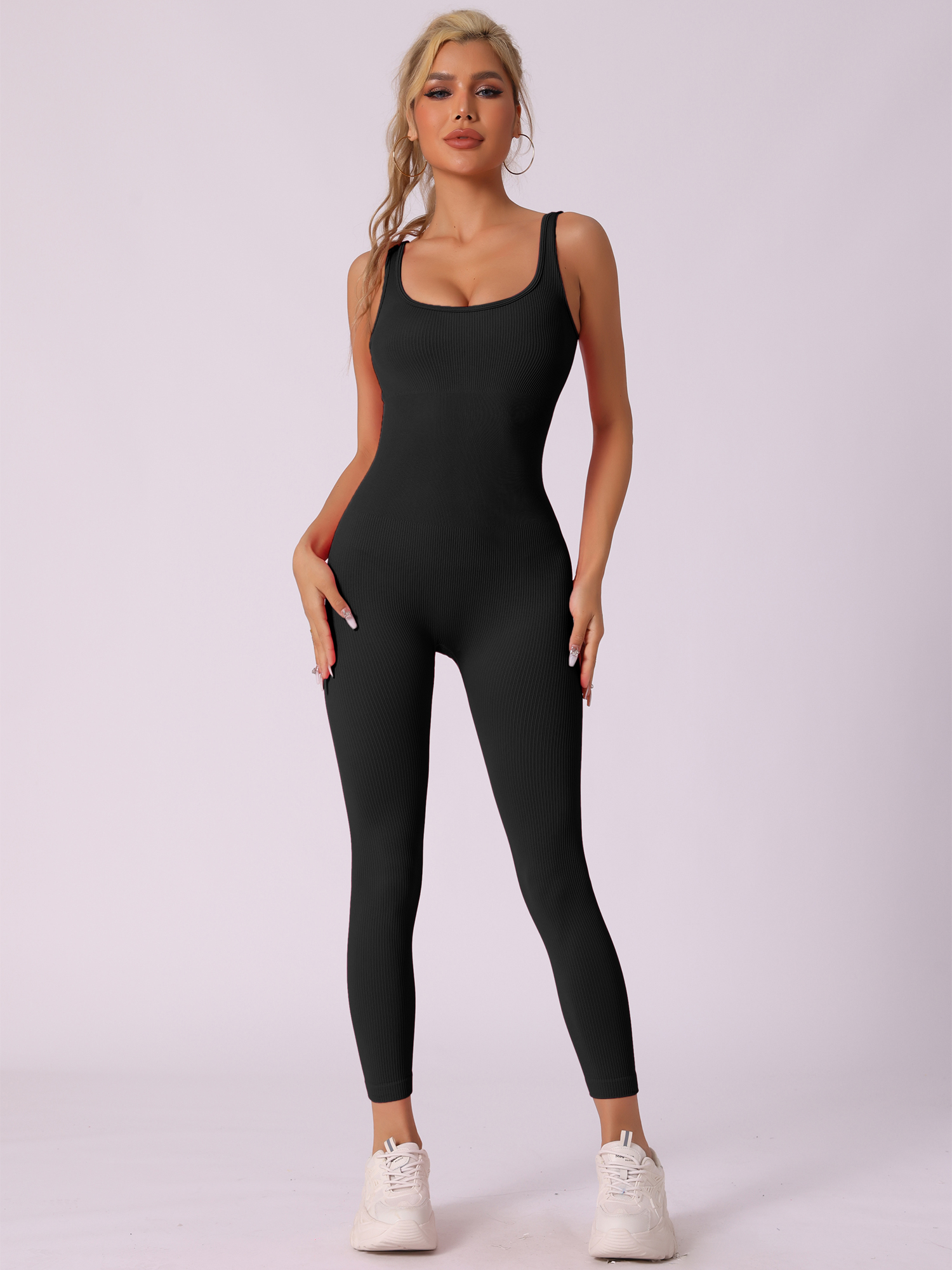 U Neck One Piece Sleeveless Ribbed Workout Unitard Jumpsuit Black/M