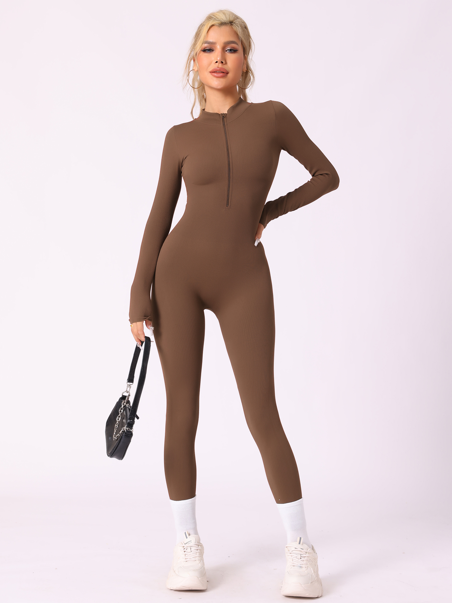 Ribbed One Piece Workout Fitness Front Zipper Unitard Jumpsuit Brown/S