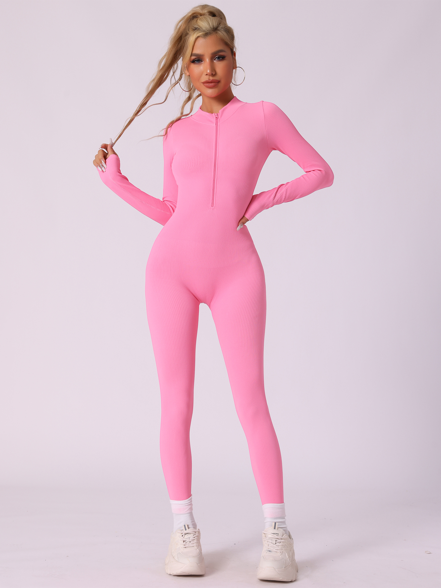 Ribbed One Piece Workout Fitness Front Zipper Unitard Jumpsuit Pink/L
