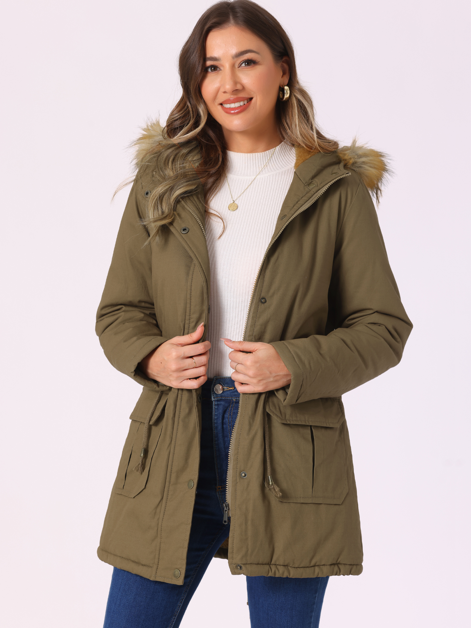 Long Sleeves Windproof Faux Fur Hooded Parka Jacket Khaki/L