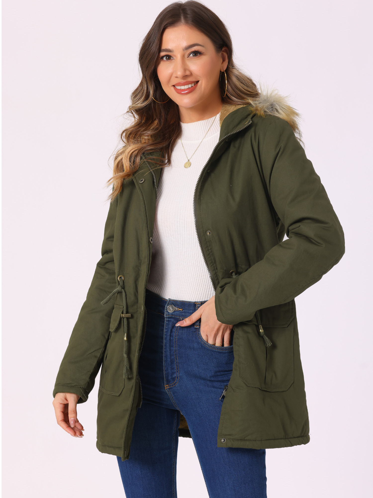 Long Sleeves Windproof Faux Fur Hooded Parka Jacket Army Green/2XL