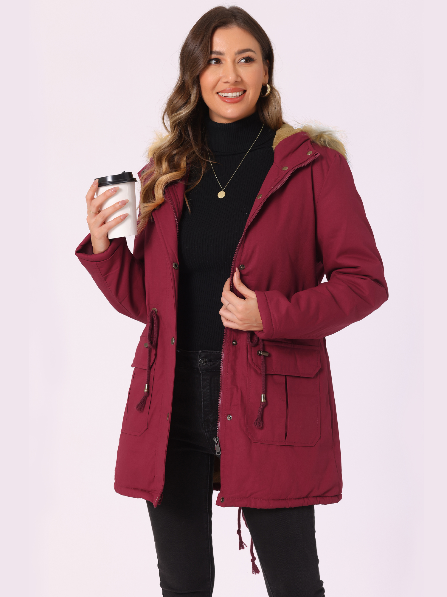 Long Sleeves Windproof Faux Fur Hooded Parka Jacket Dark Red/M