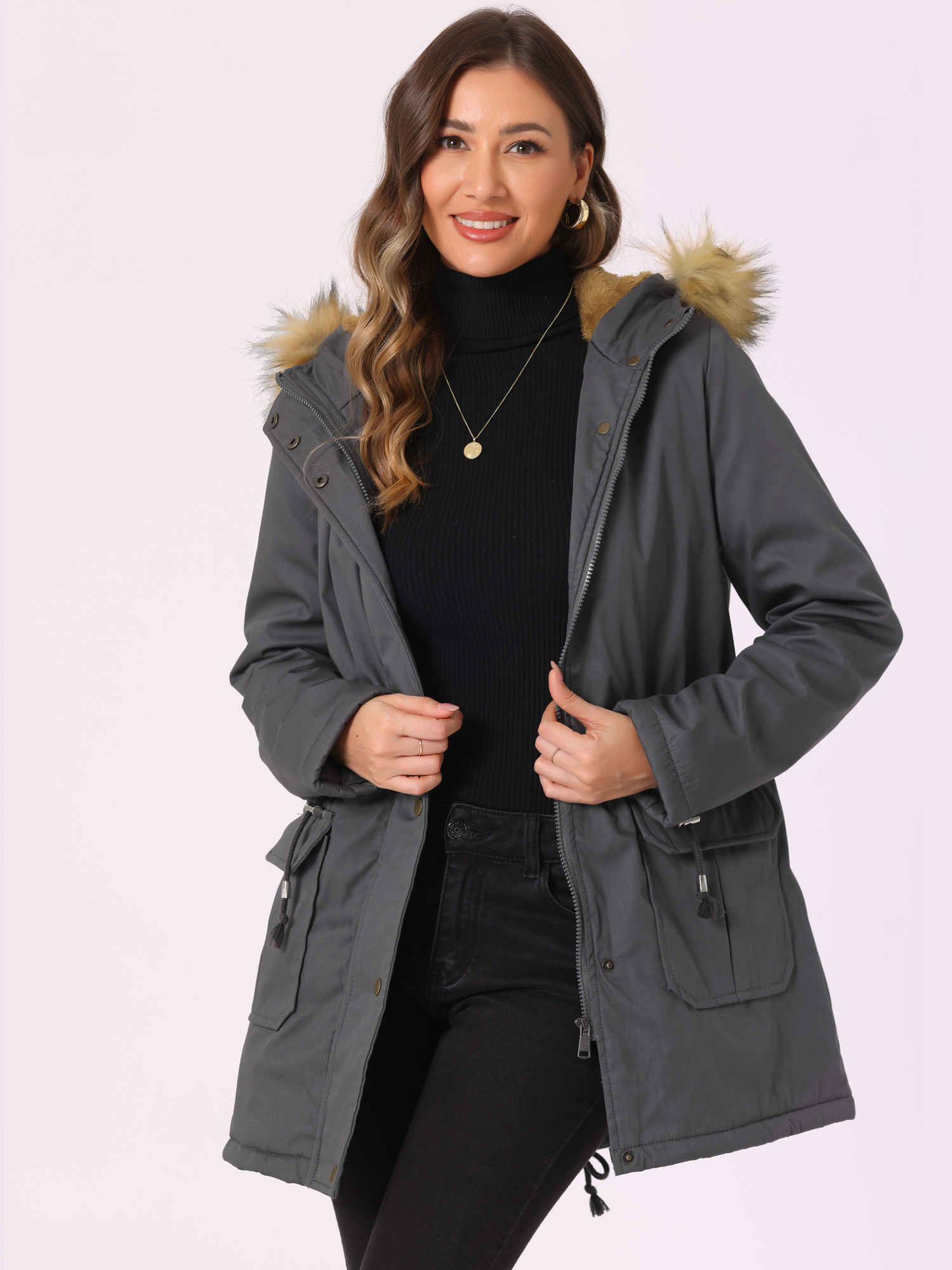Long Sleeves Windproof Faux Fur Hooded Parka Jacket Grey/L