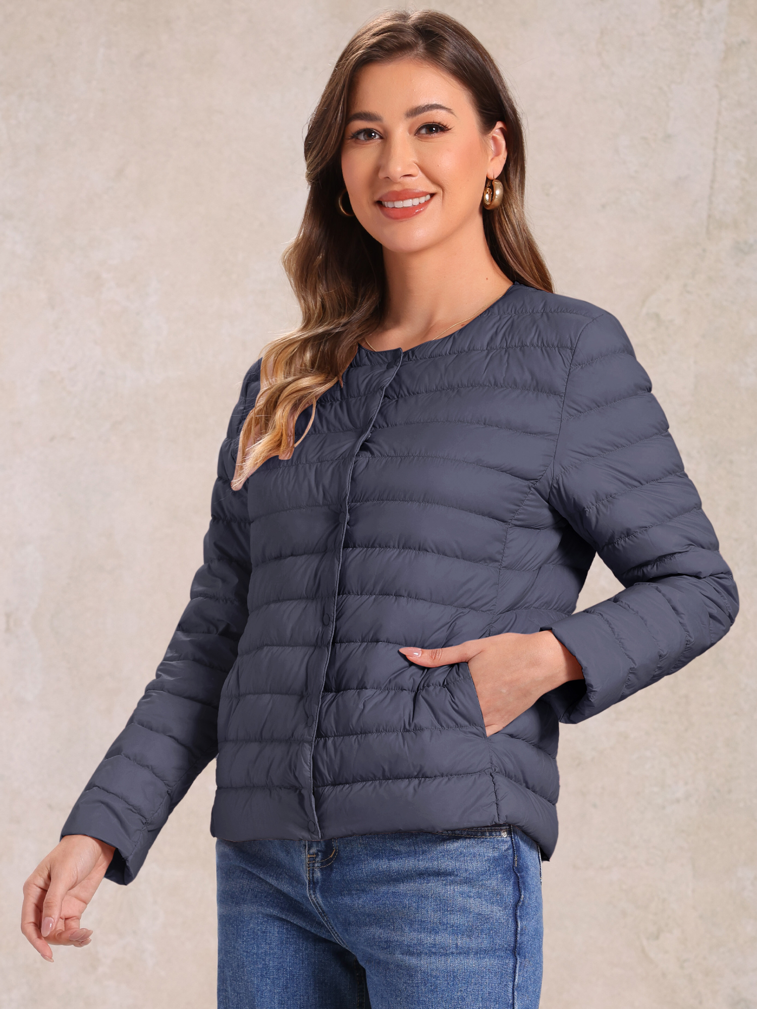 Lightweight Button Down Packable Long Sleeve Puffer Jacket Navy Blue/L