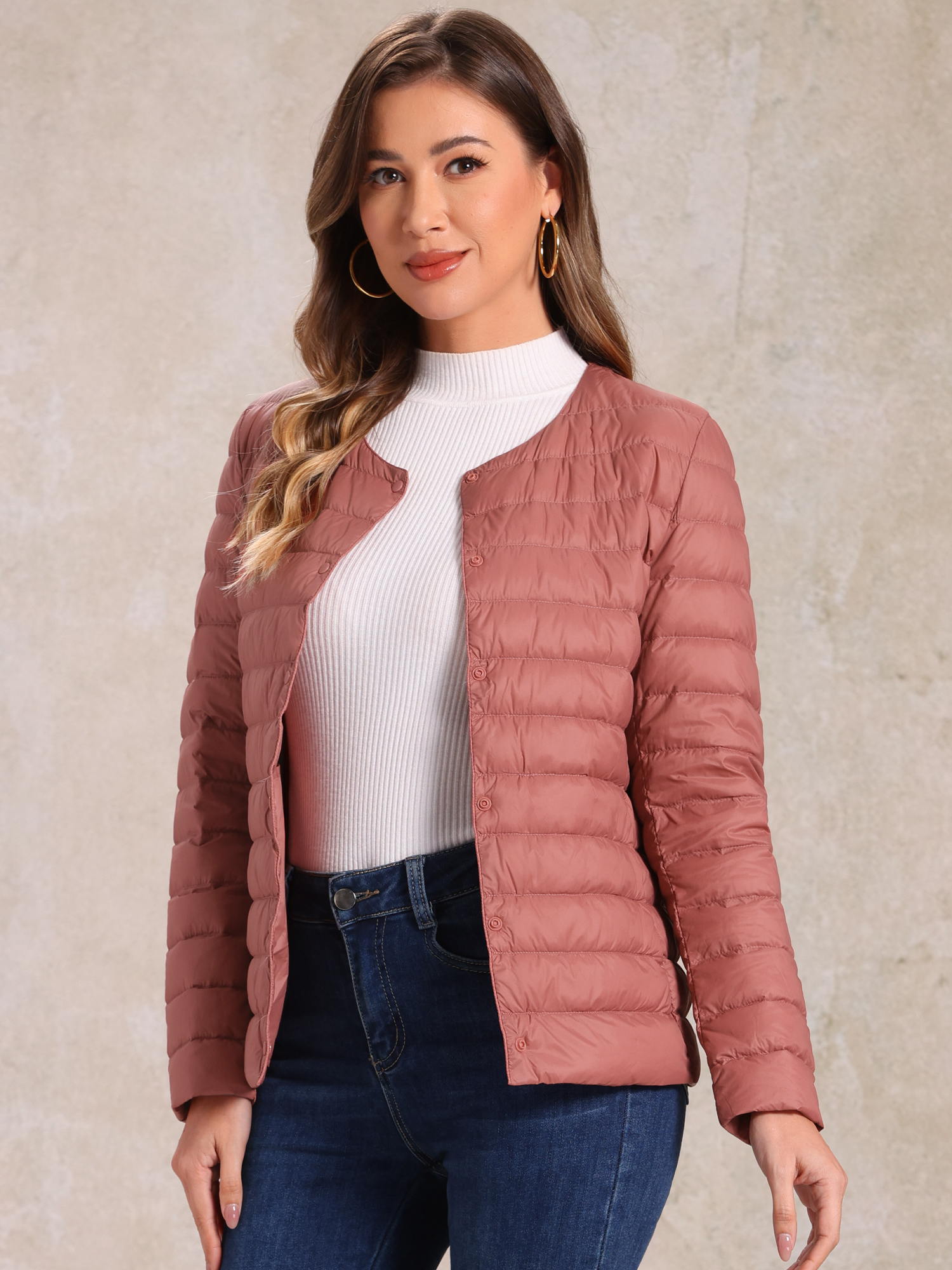 Lightweight Button Down Packable Long Sleeve Puffer Jacket Light Red/XS