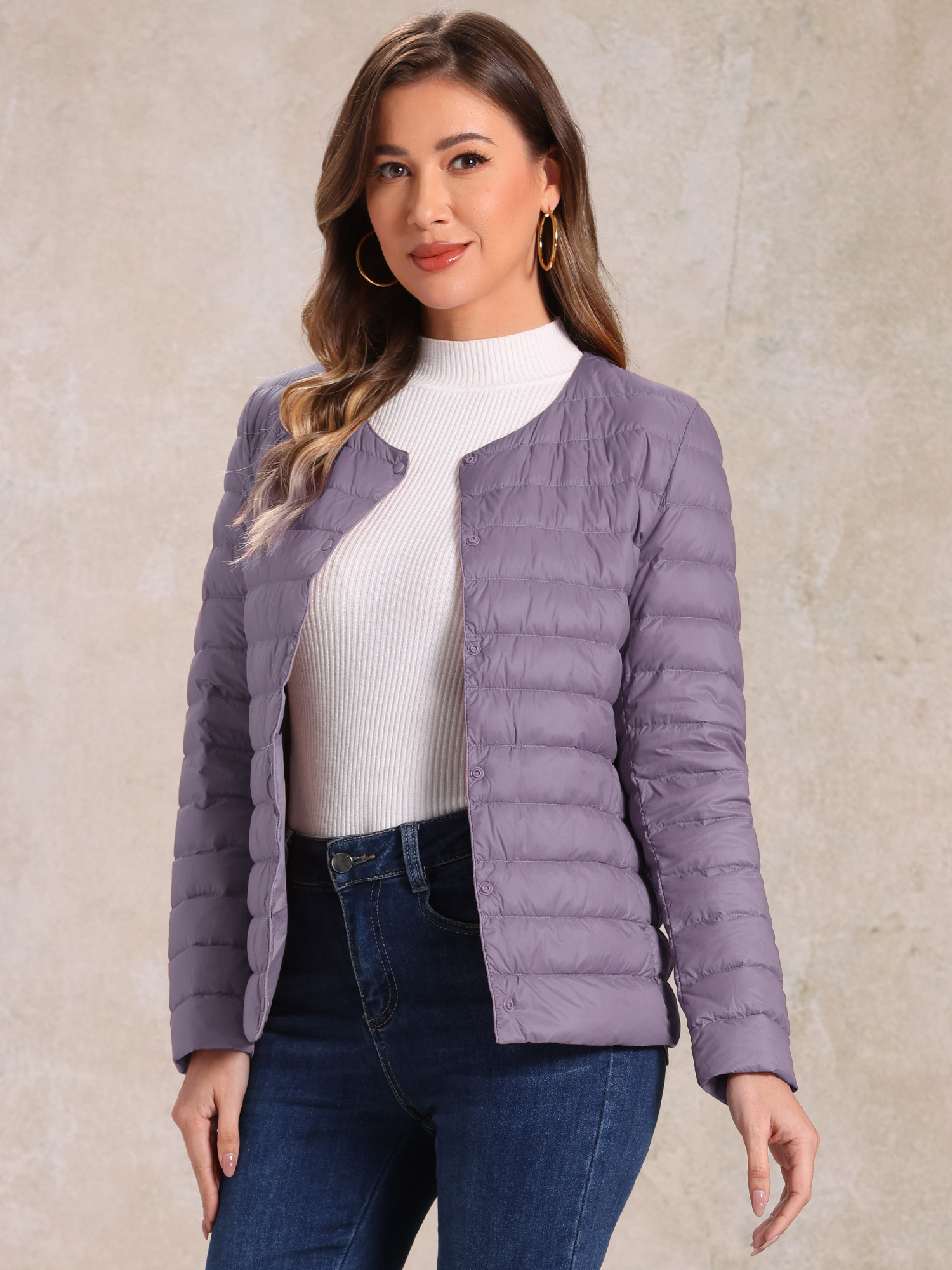 Lightweight Button Down Packable Long Sleeve Puffer Jacket Light Purple/S