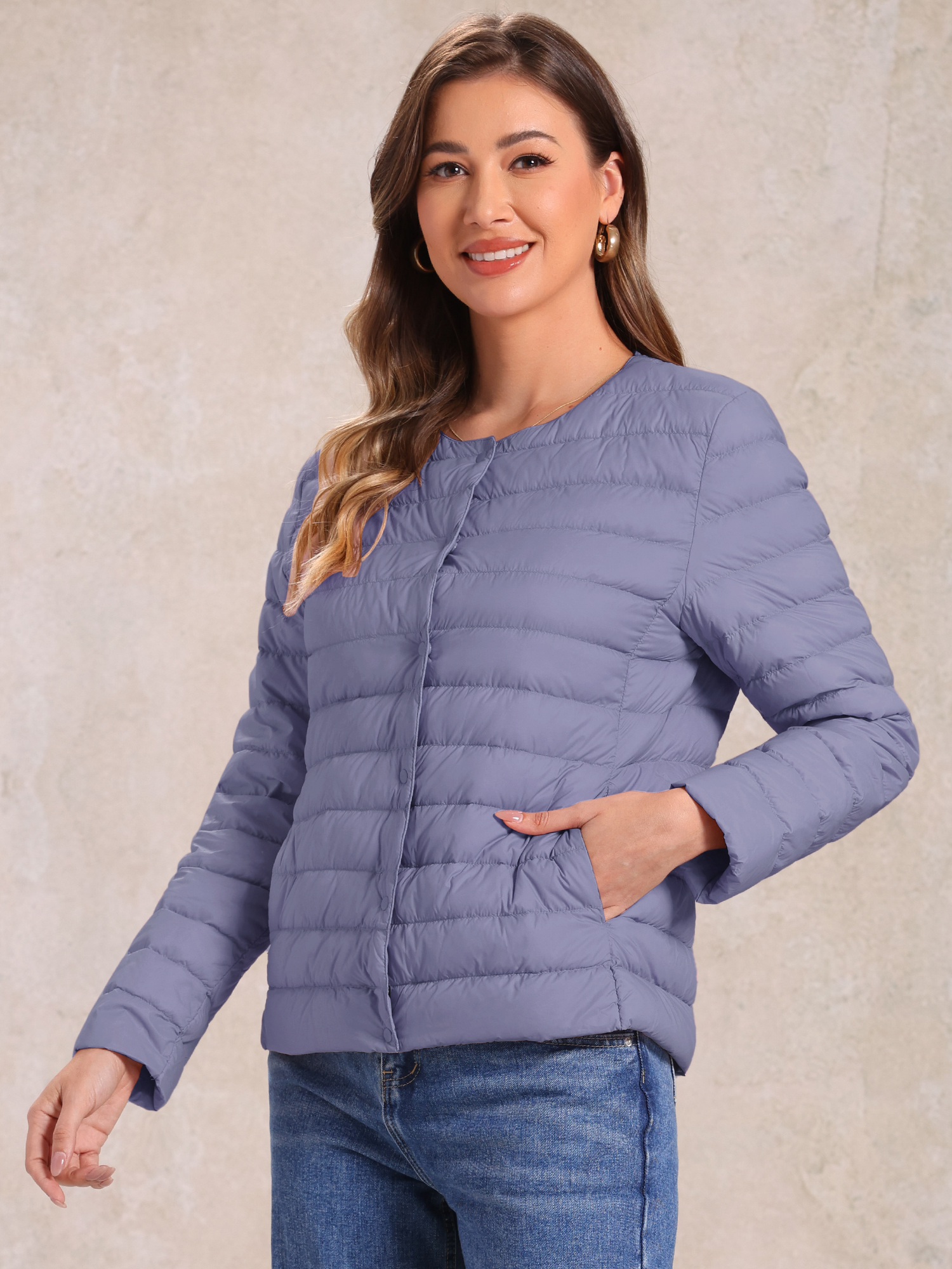 Lightweight Button Down Packable Long Sleeve Puffer Jacket Grey Blue/S