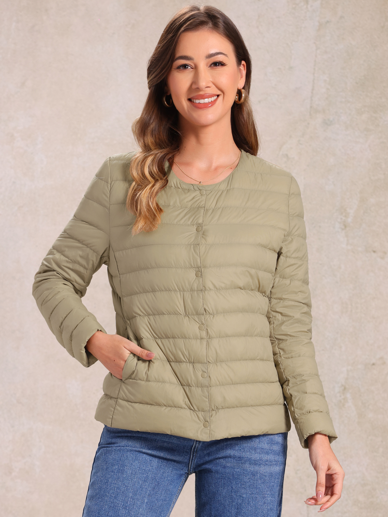 Lightweight Button Down Packable Long Sleeve Puffer Jacket Camel/M