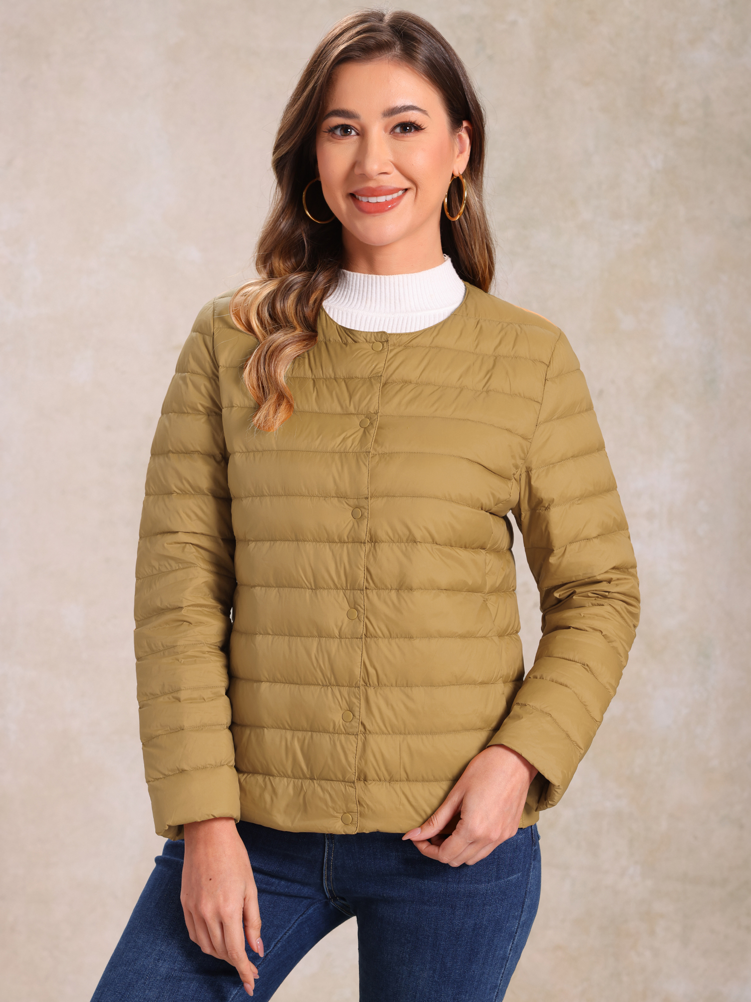 Lightweight Button Down Packable Long Sleeve Puffer Jacket Brown/XS