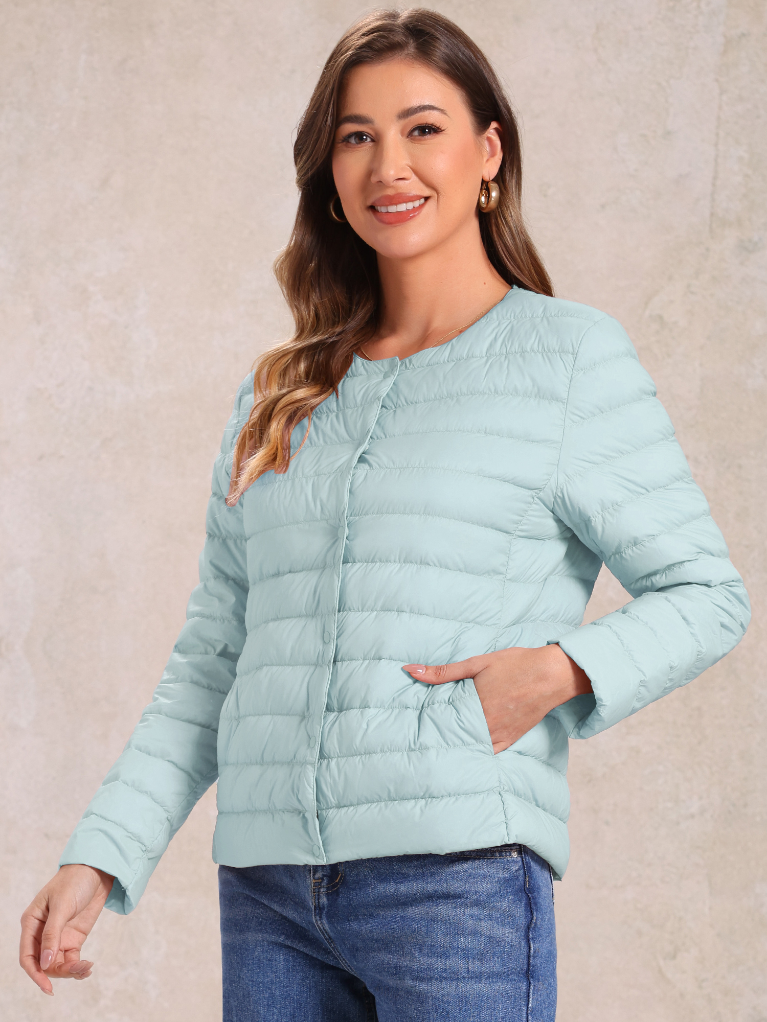 Lightweight Button Down Packable Long Sleeve Puffer Jacket Light Blue/L