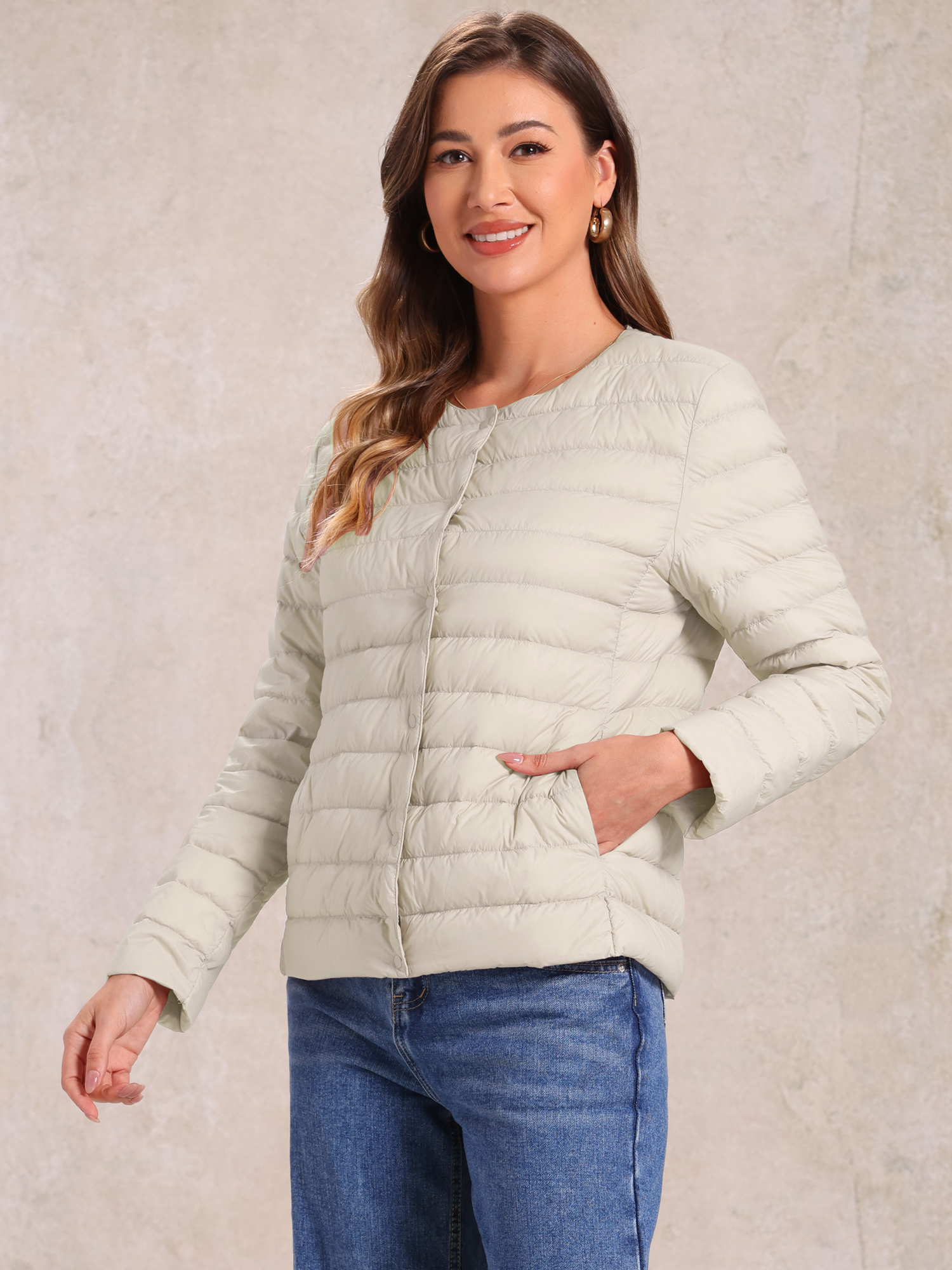 Lightweight Button Down Packable Long Sleeve Puffer Jacket Beige/M