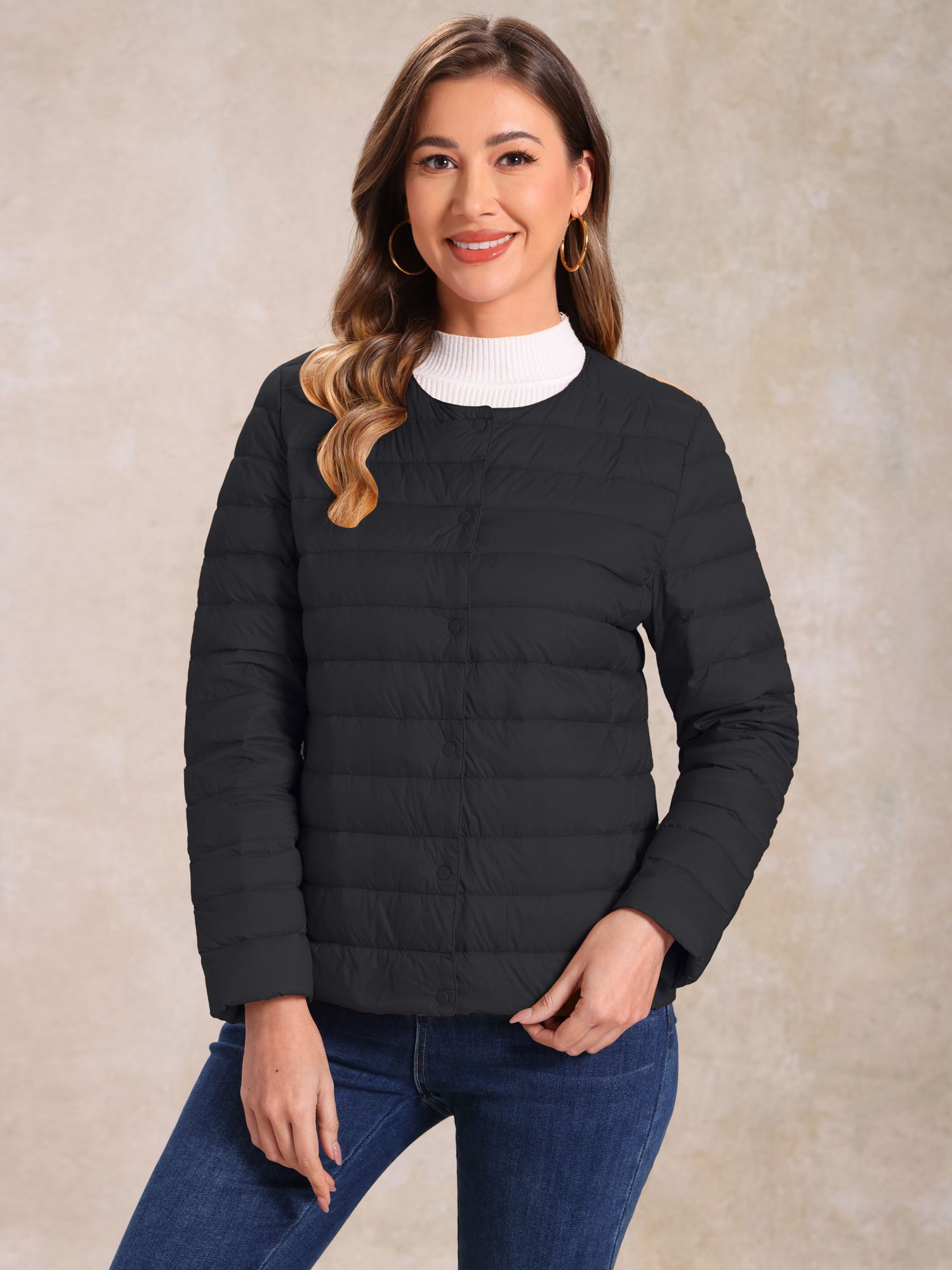 Lightweight Button Down Packable Long Sleeve Puffer Jacket Black/XS