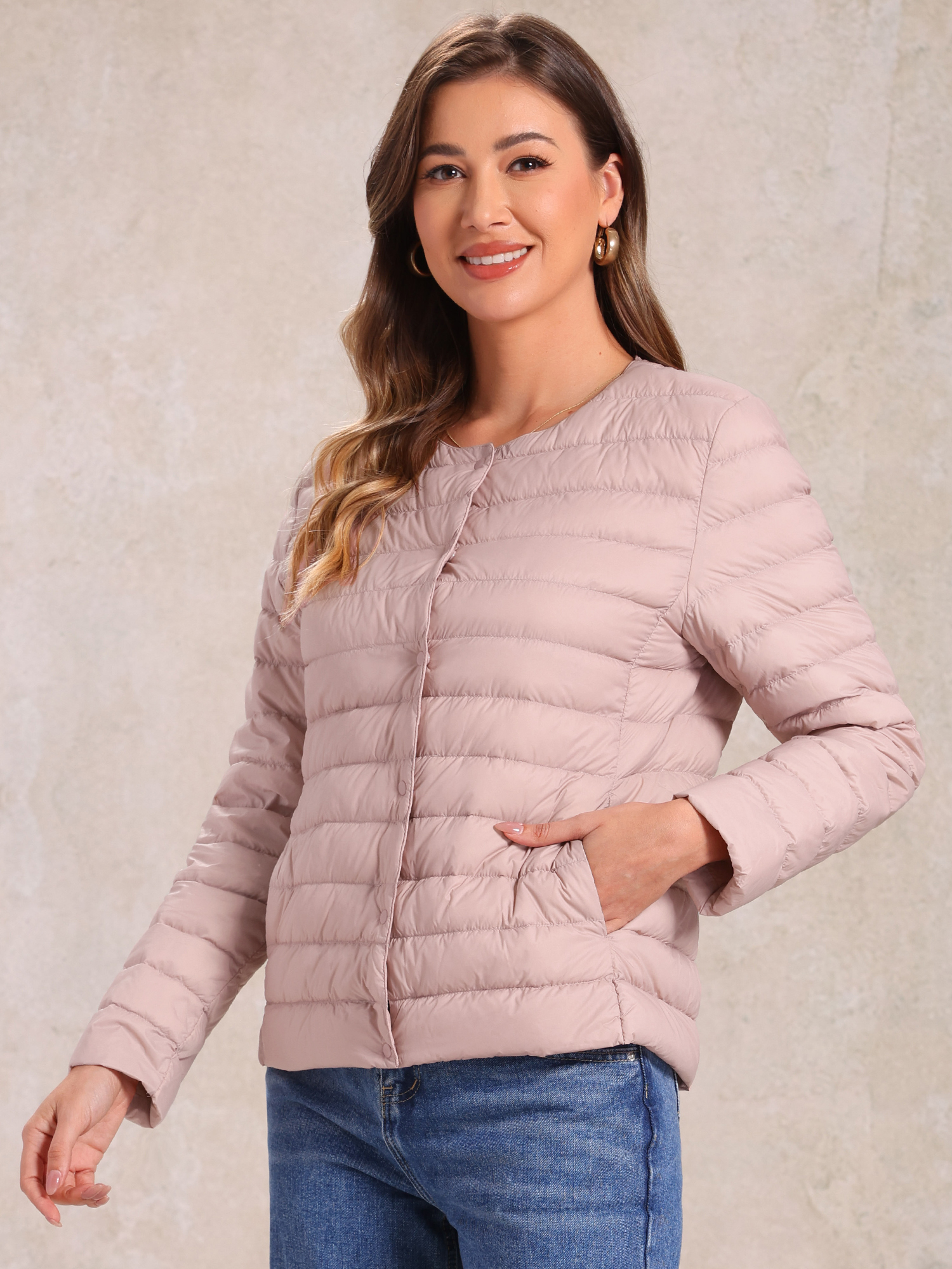Lightweight Button Down Packable Long Sleeve Puffer Jacket Pink/S