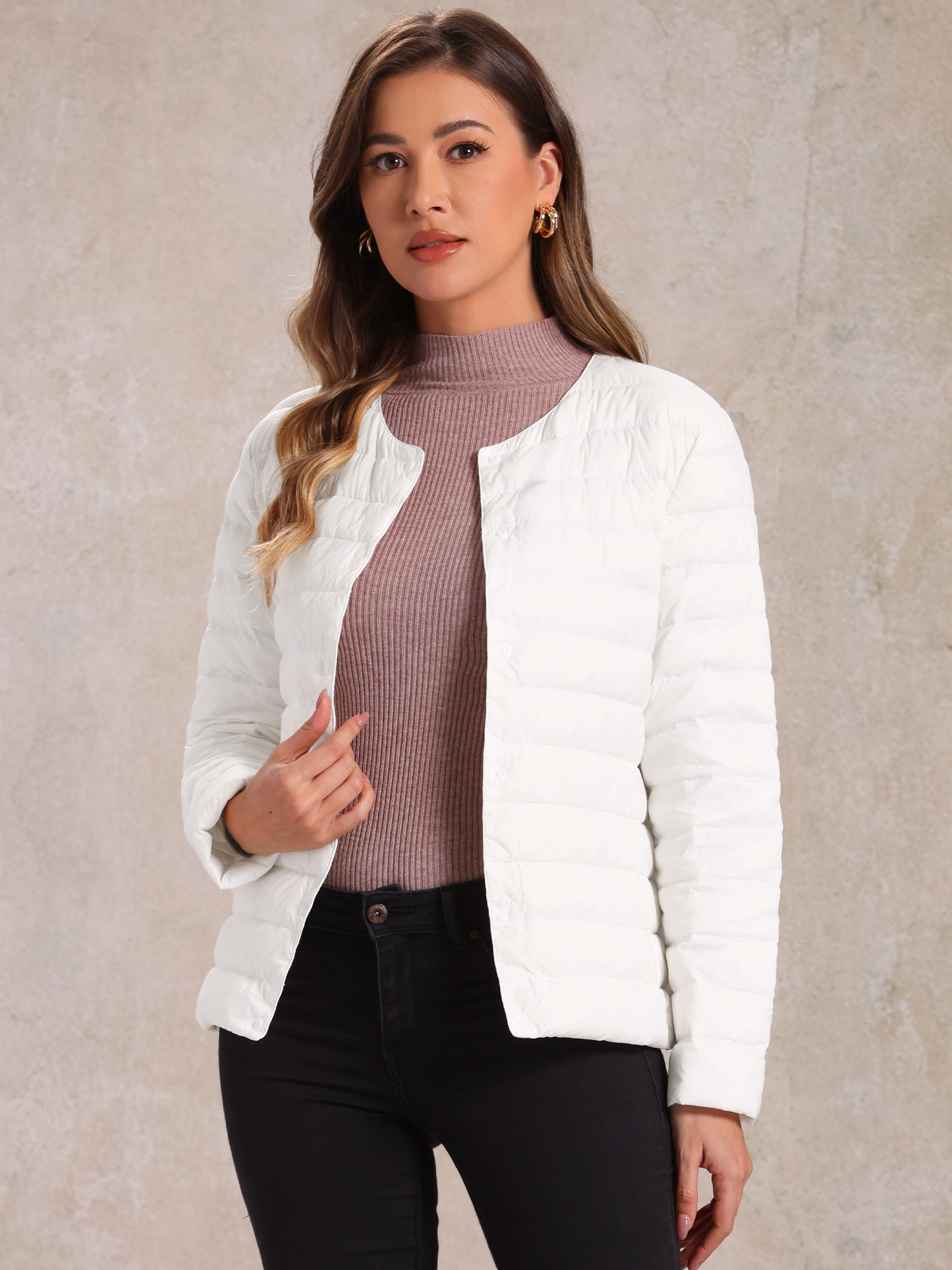 Lightweight Button Down Packable Long Sleeve Puffer Jacket White/S