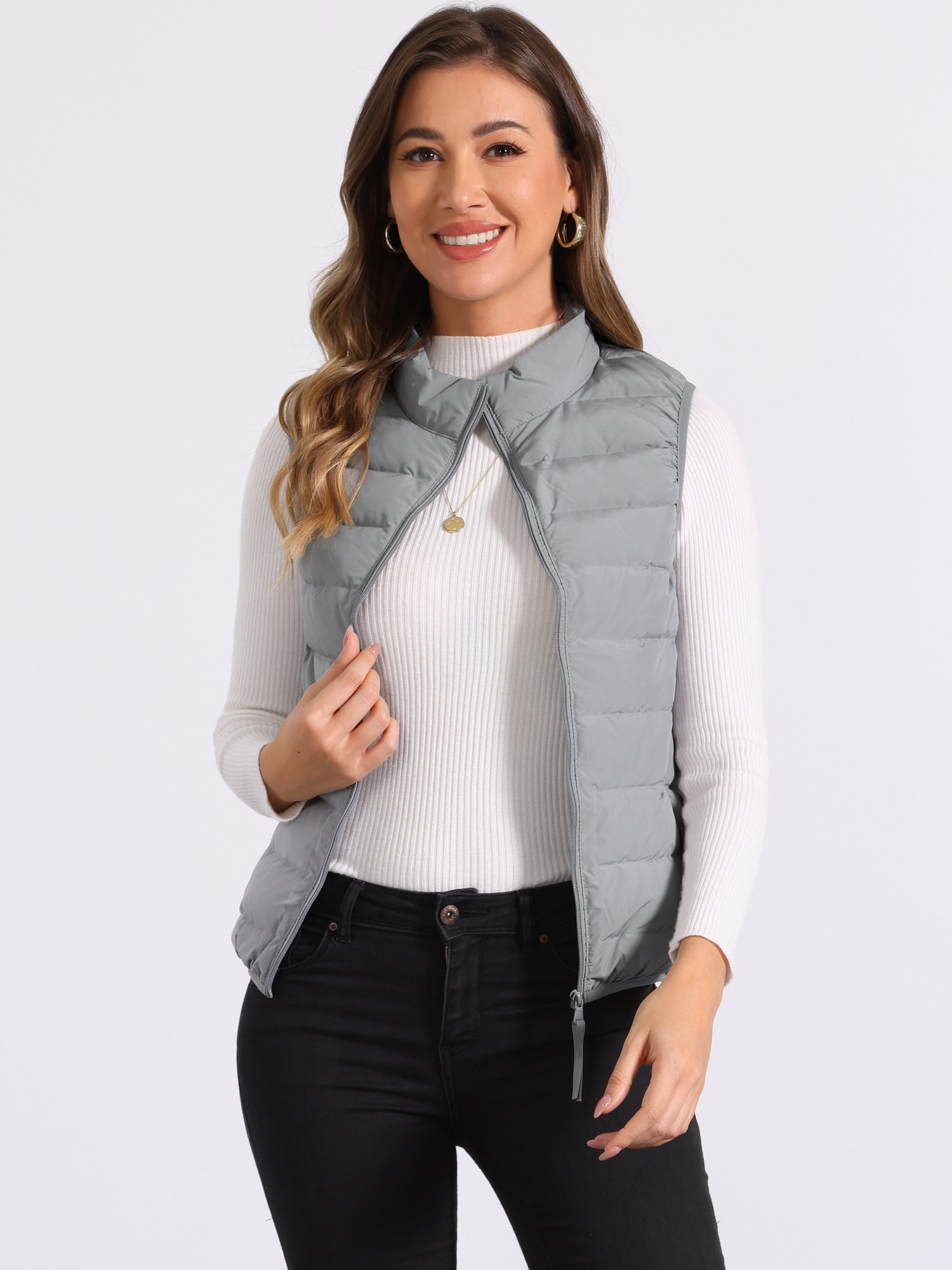 Sleeveless Zip-Up Stand Collar Puffer Vest Gray/L