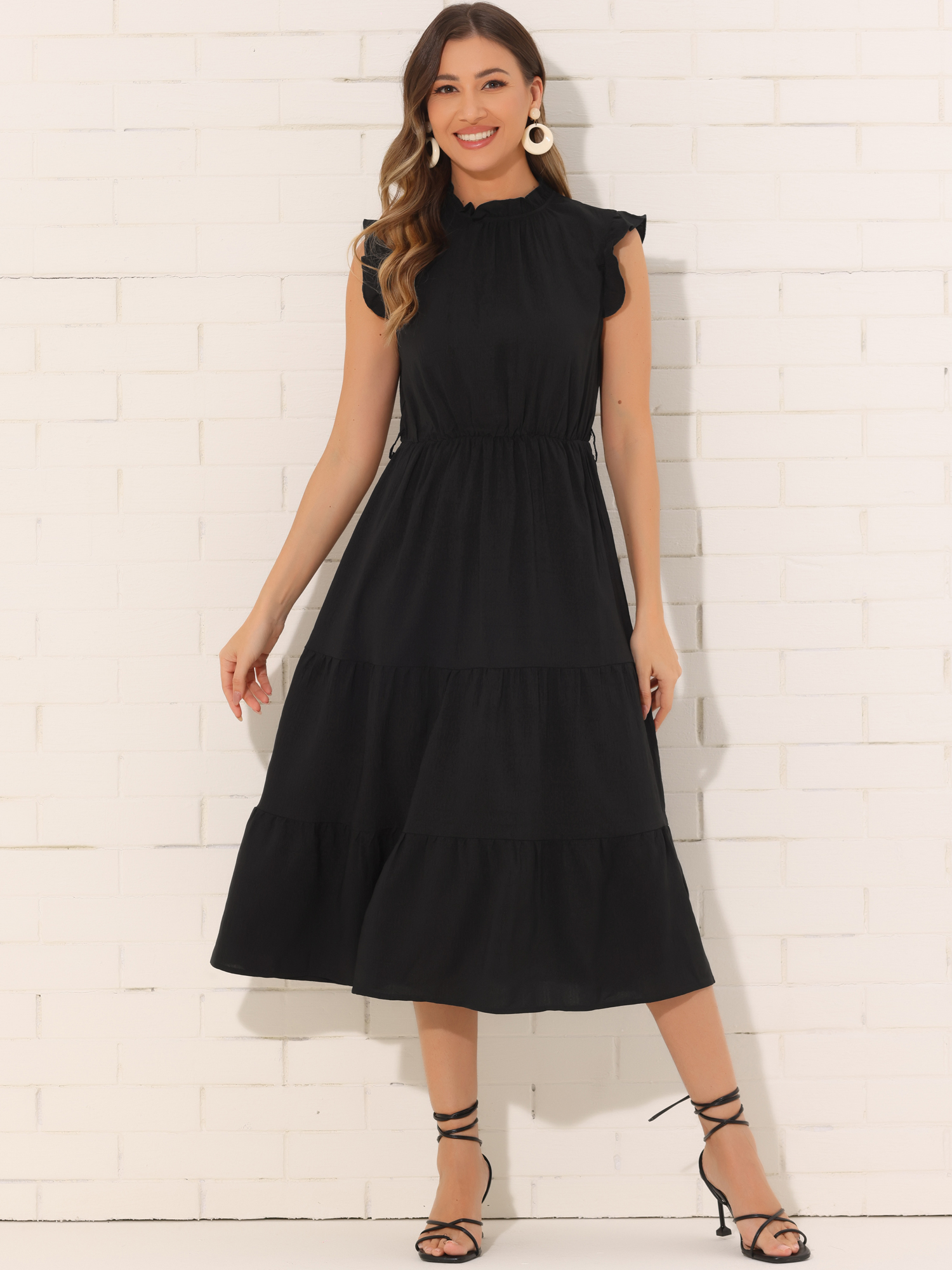 Mock Neck Ruffled Textured Cap Sleeve Tiered Midi Dress Black/M