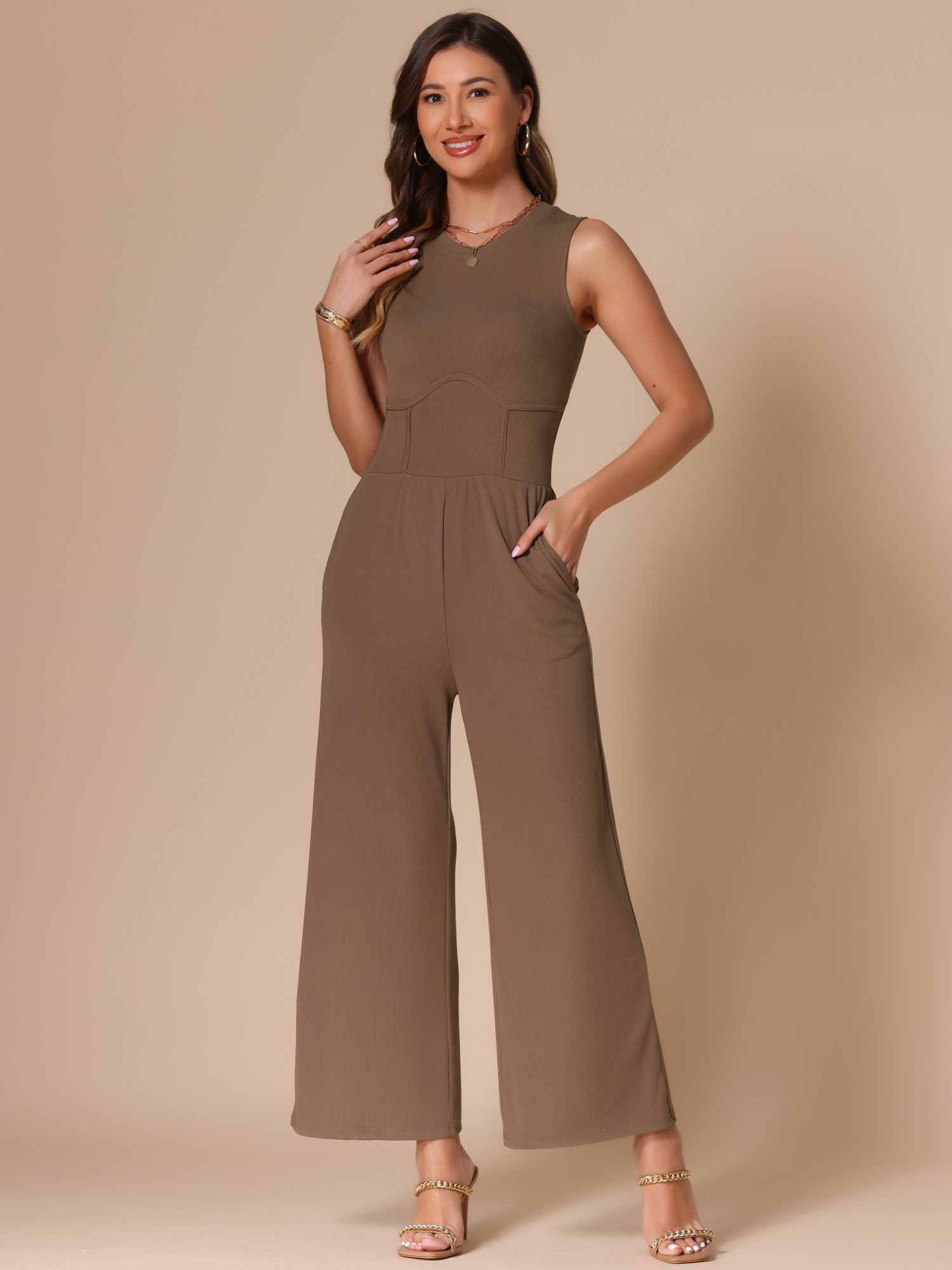 Solid Color Sleeveless Crew Neck Wide Leg Jumpsuits Brown/S