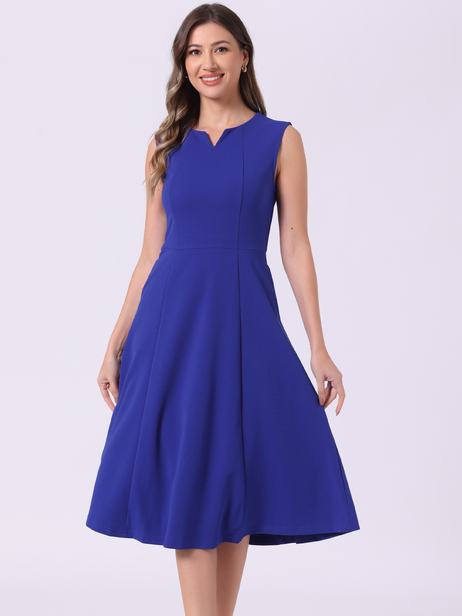 Notch Neck Pocketed Work Office A-Line Midi Dress Royal Blue/XL